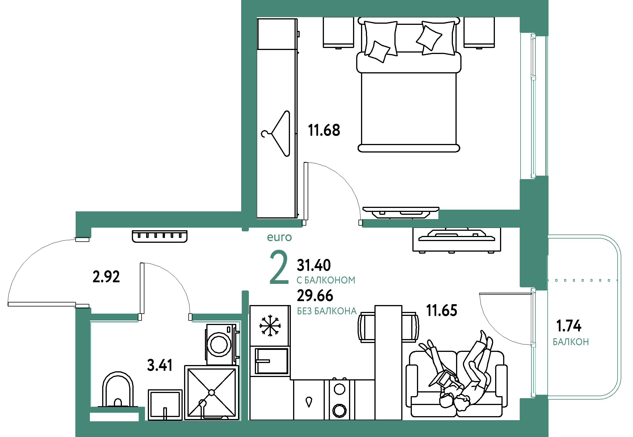 ЖК "Уральский сад"-2-комнатная 31.4 м²