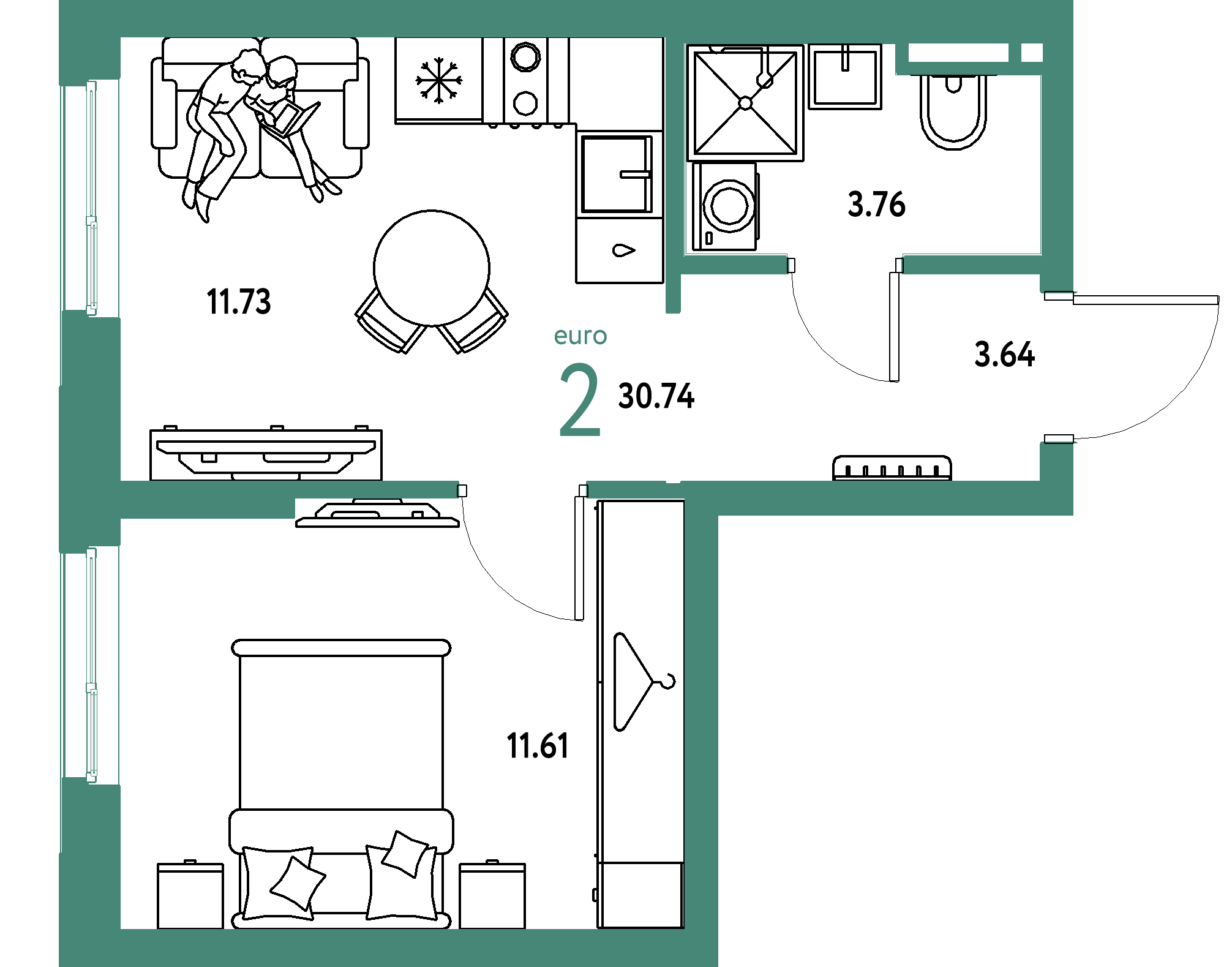 ЖК "Уральский сад"-2-комнатная 30.74 м²
