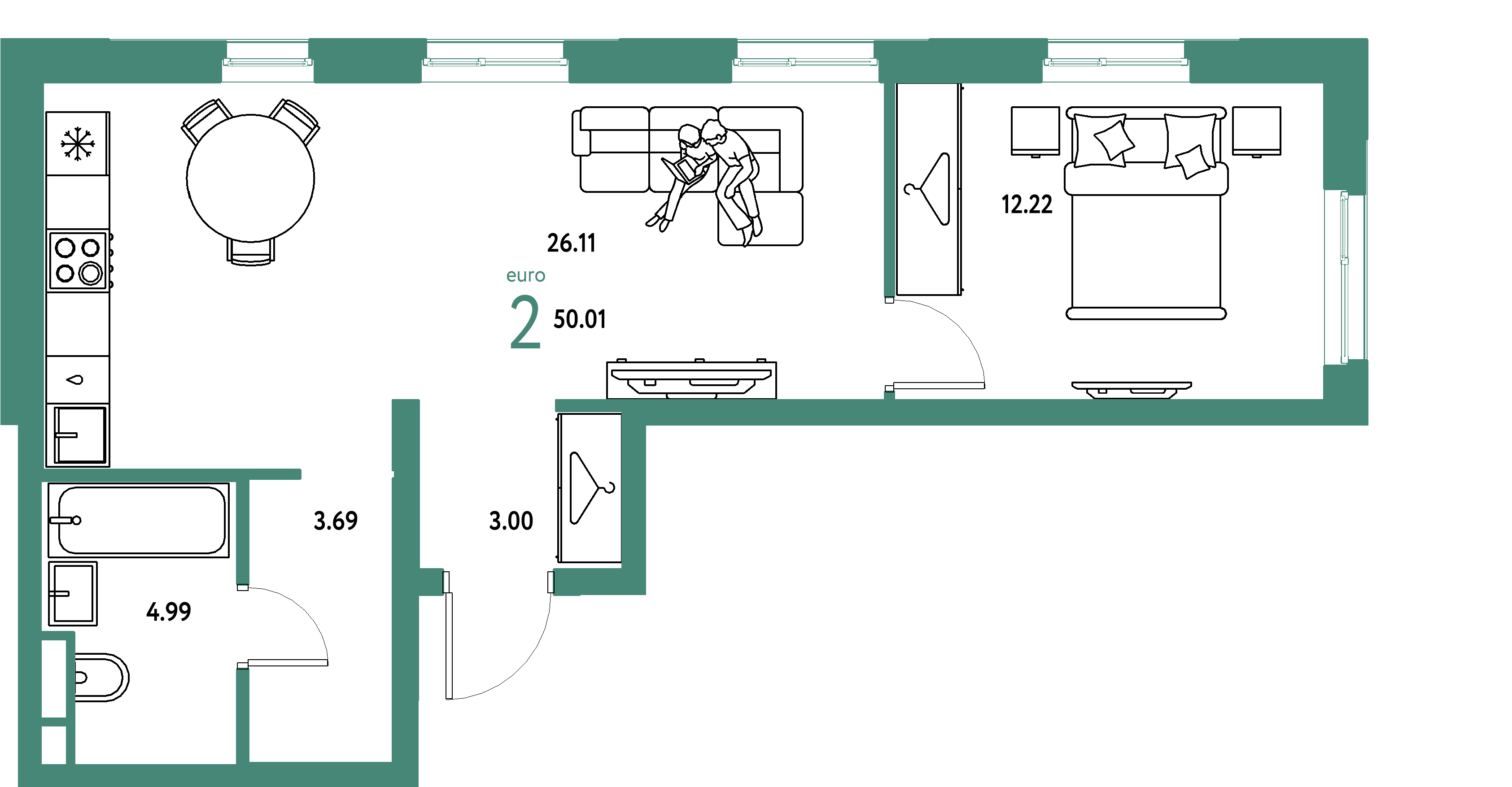 ЖК "Уральский сад"-2-комнатная 50.01 м²