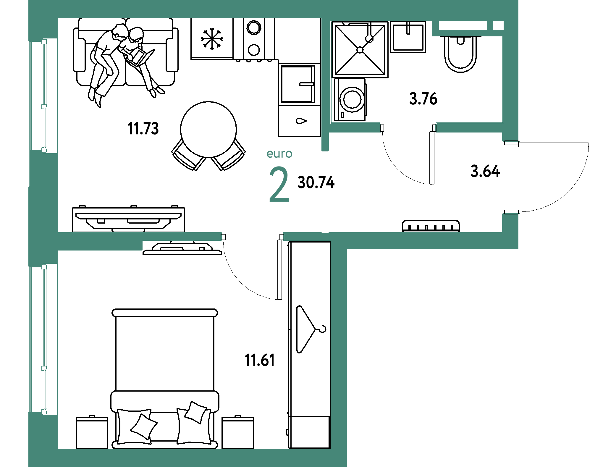 ЖК "Уральский сад"-2-комнатная 30.74 м²