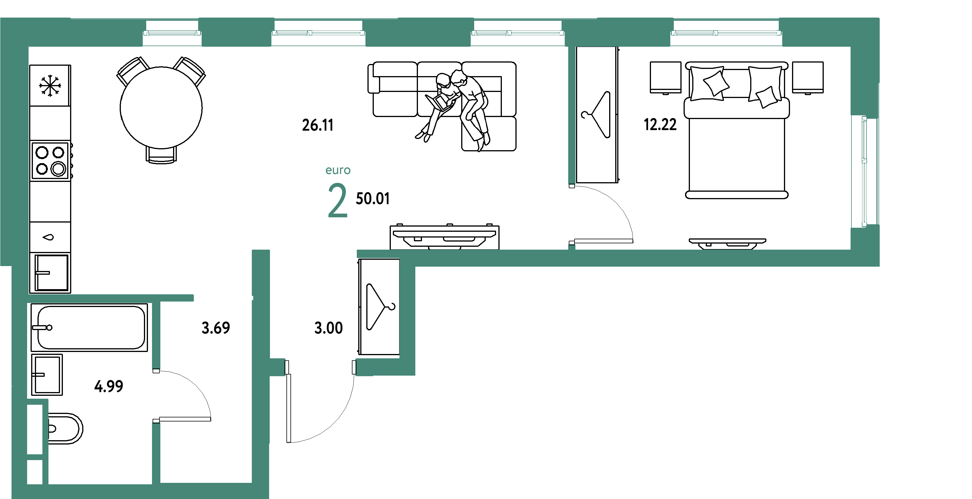 ЖК "Уральский сад"-2-комнатная 50.01 м²