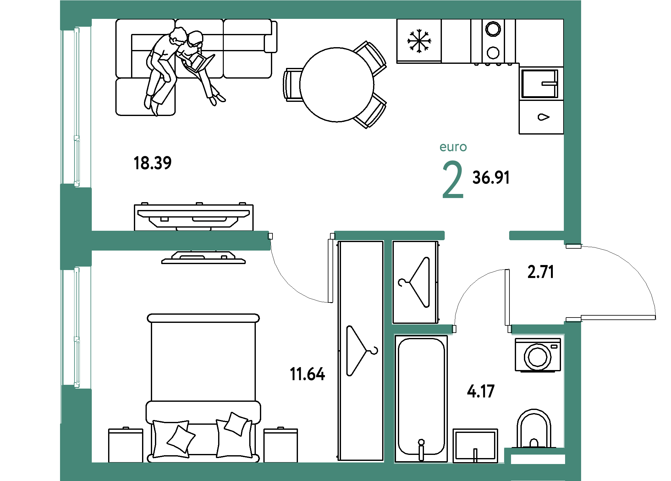 ЖК "Уральский сад"-2-комнатная 36.91 м²
