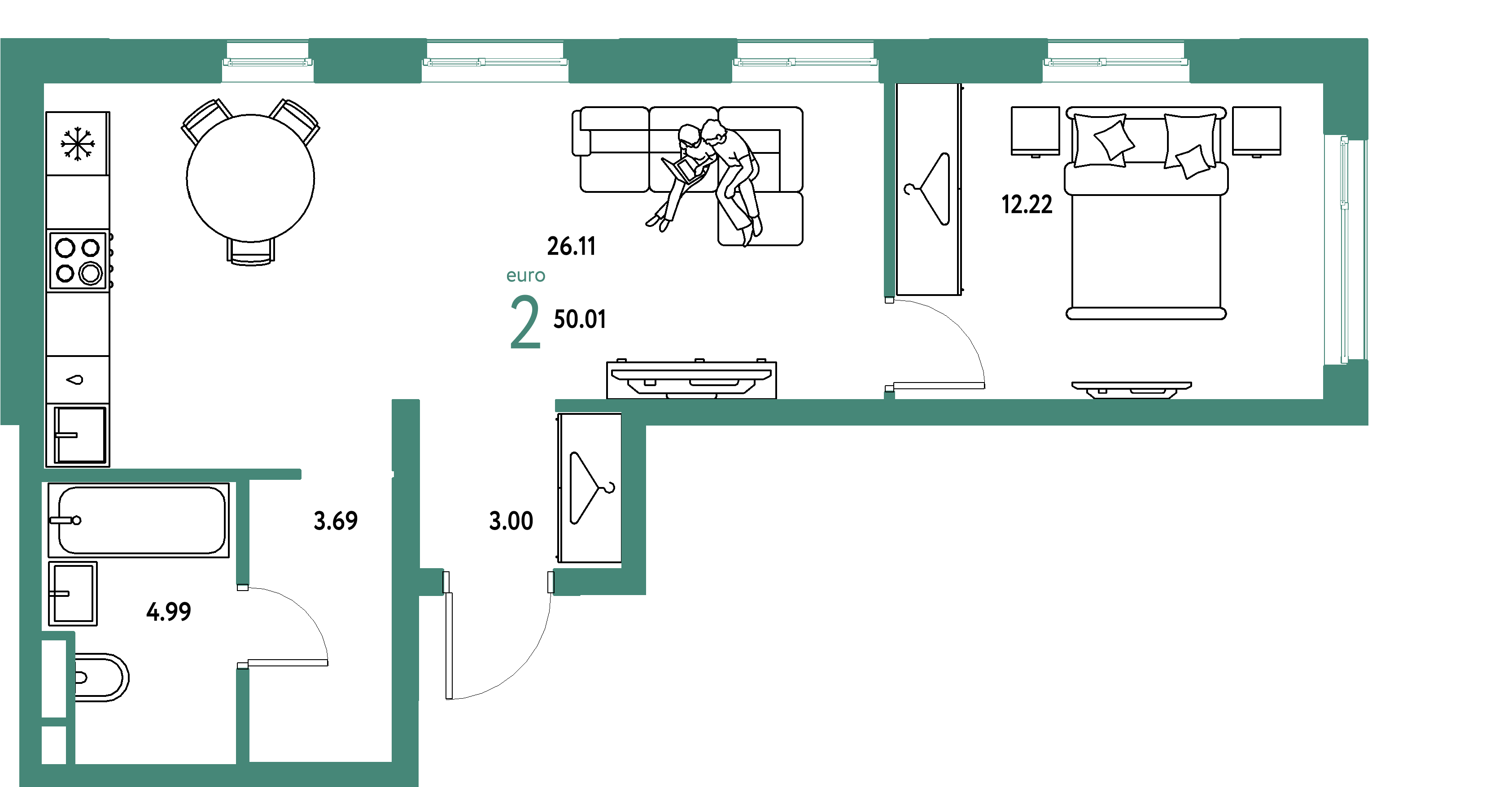 ЖК "Уральский сад"-2-комнатная 50.01 м²
