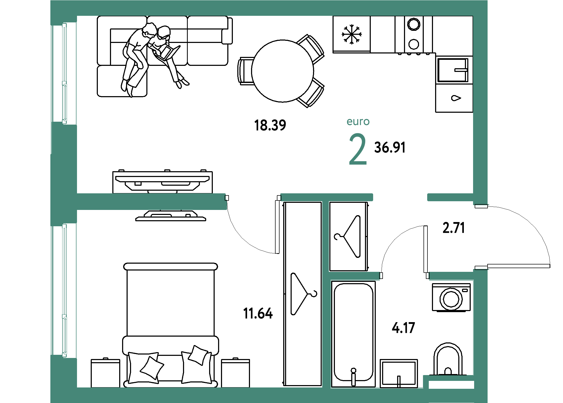 ЖК "Уральский сад"-2-комнатная 36.91 м²