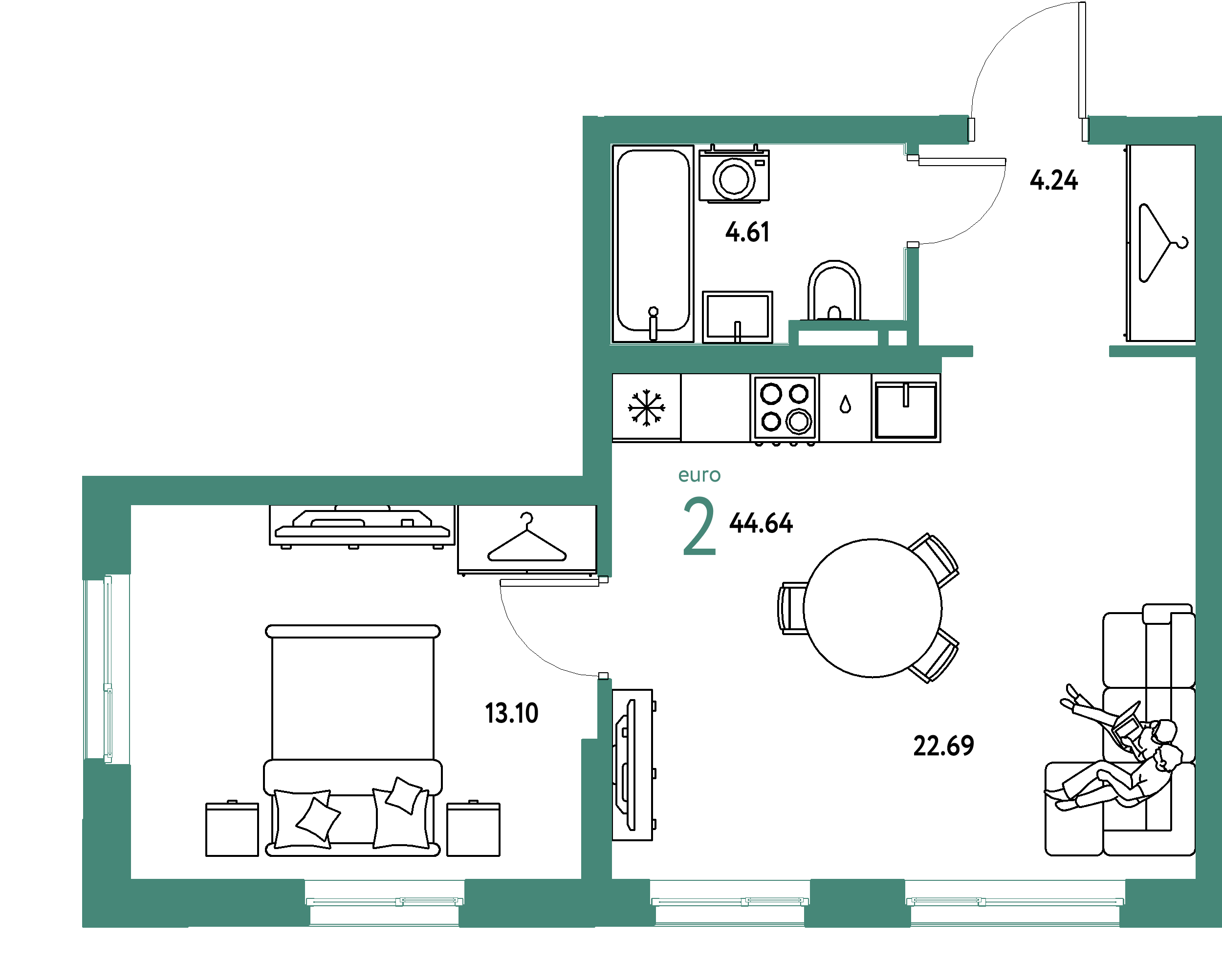 ЖК "Уральский сад"-2-комнатная 44.64 м²
