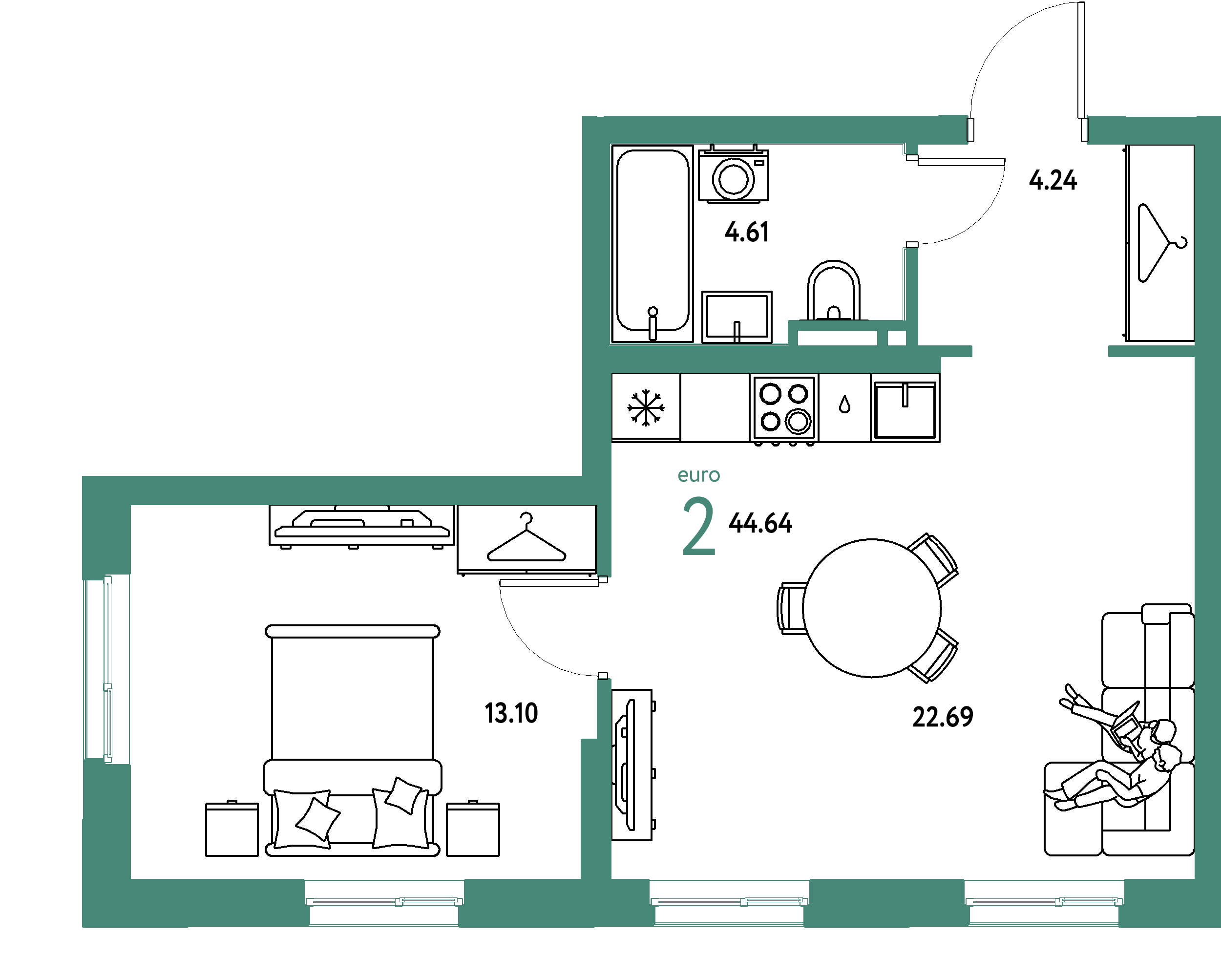 ЖК "Уральский сад"-2-комнатная 44.64 м²