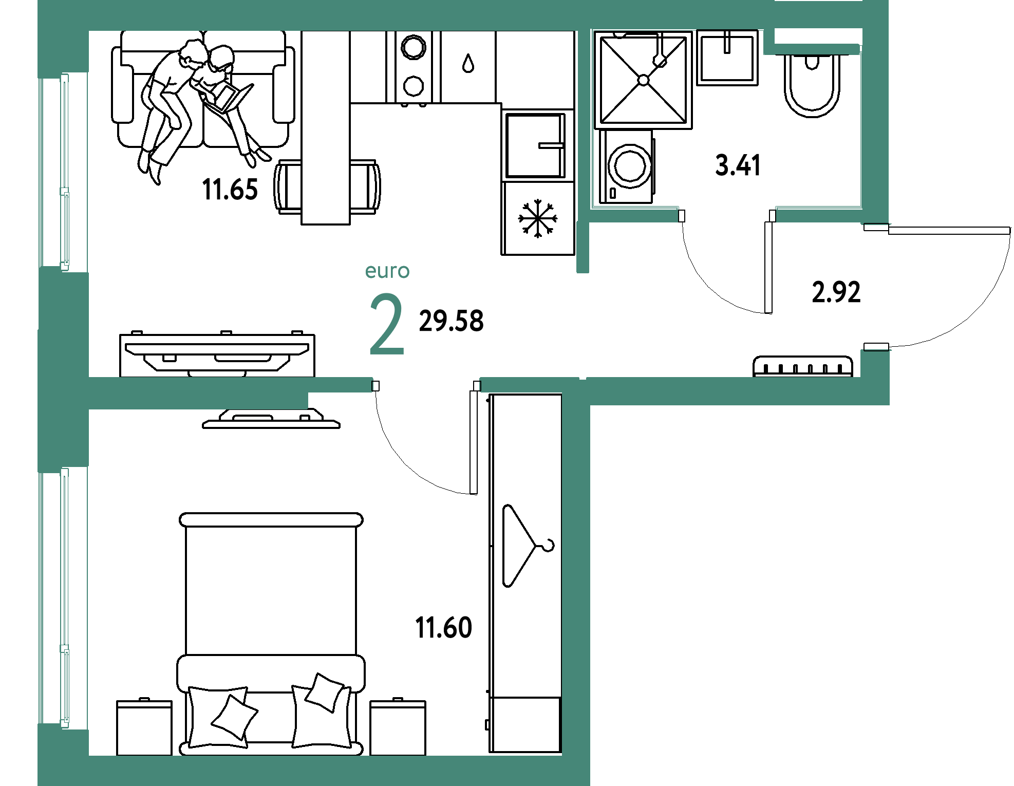 ЖК "Уральский сад"-2-комнатная 29.58 м²
