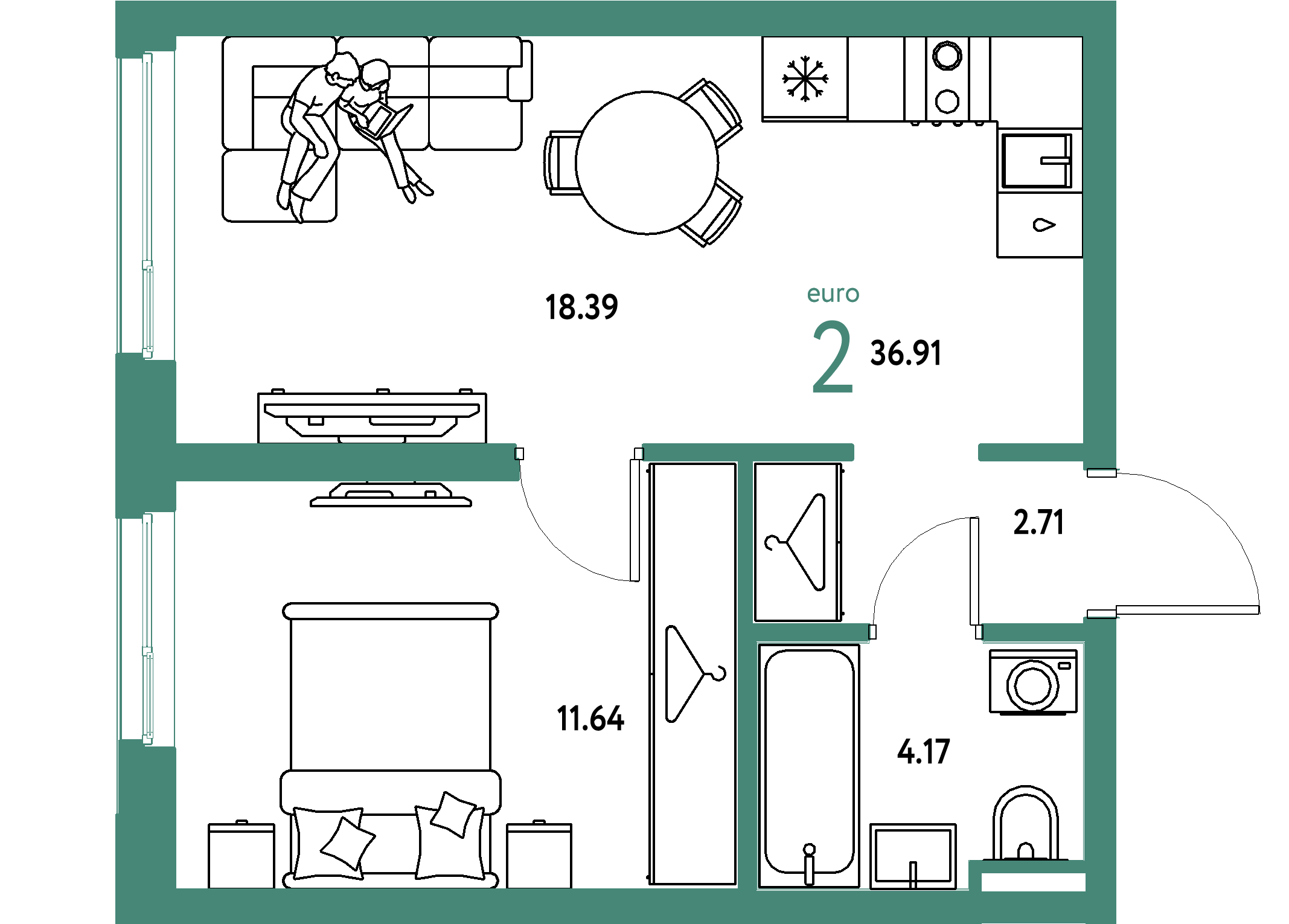 ЖК "Уральский сад"-2-комнатная 36.91 м²