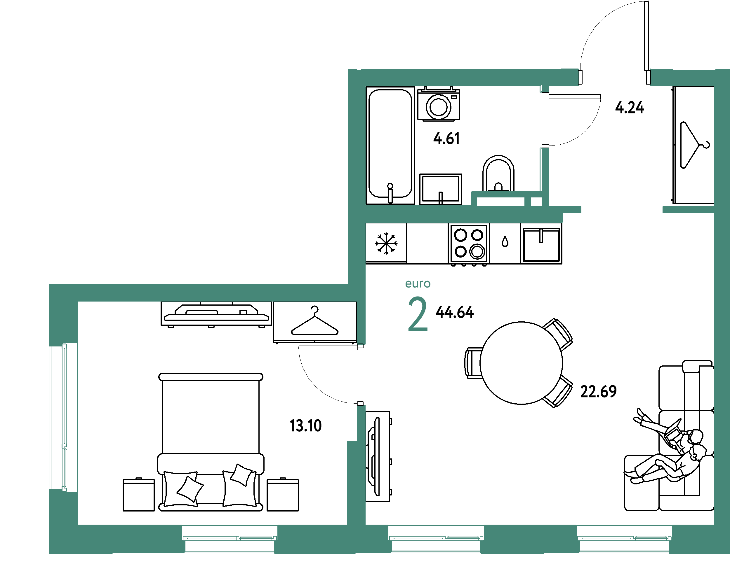 ЖК "Уральский сад"-2-комнатная 44.64 м²