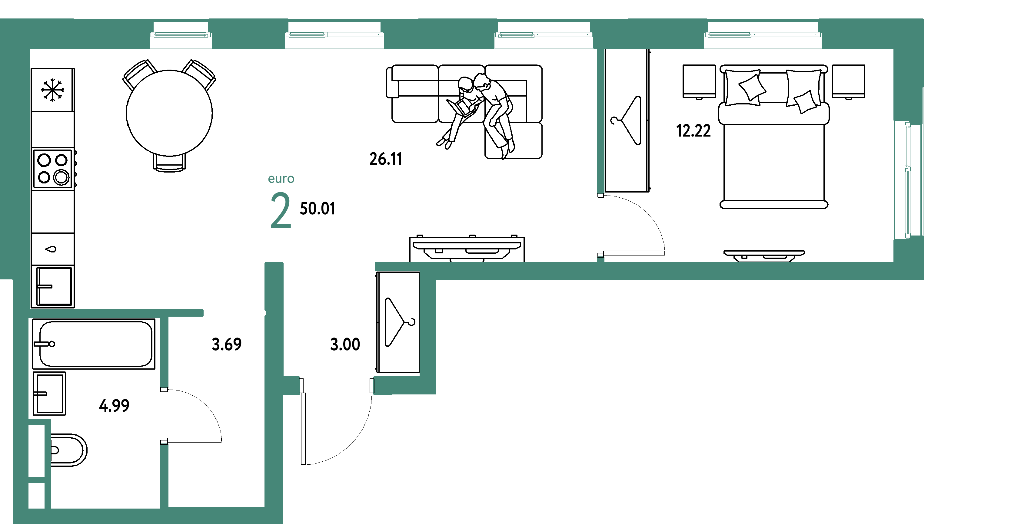 ЖК "Уральский сад"-2-комнатная 50.01 м²