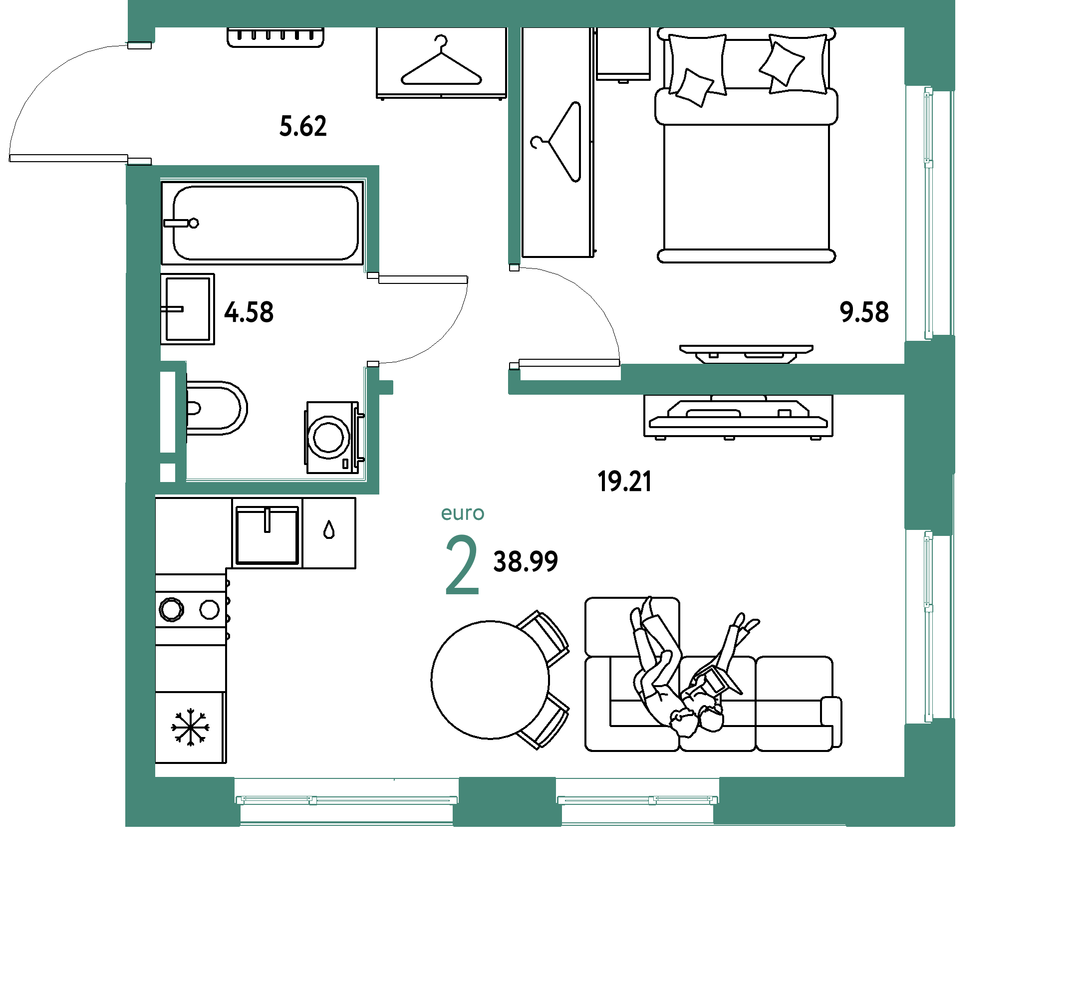 ЖК "Уральский сад"-2-комнатная 38.99 м²