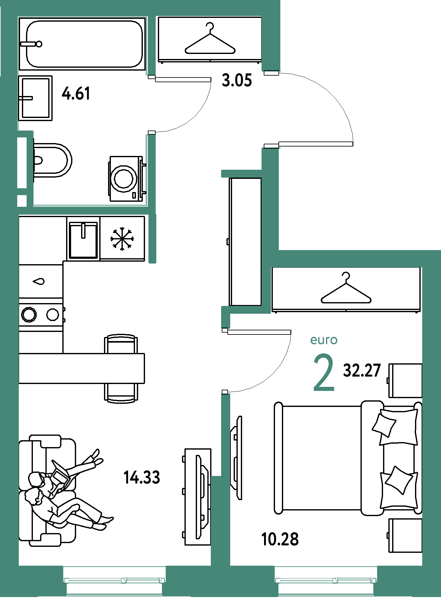 ЖК "Уральский сад"-2-комнатная 32.27 м²