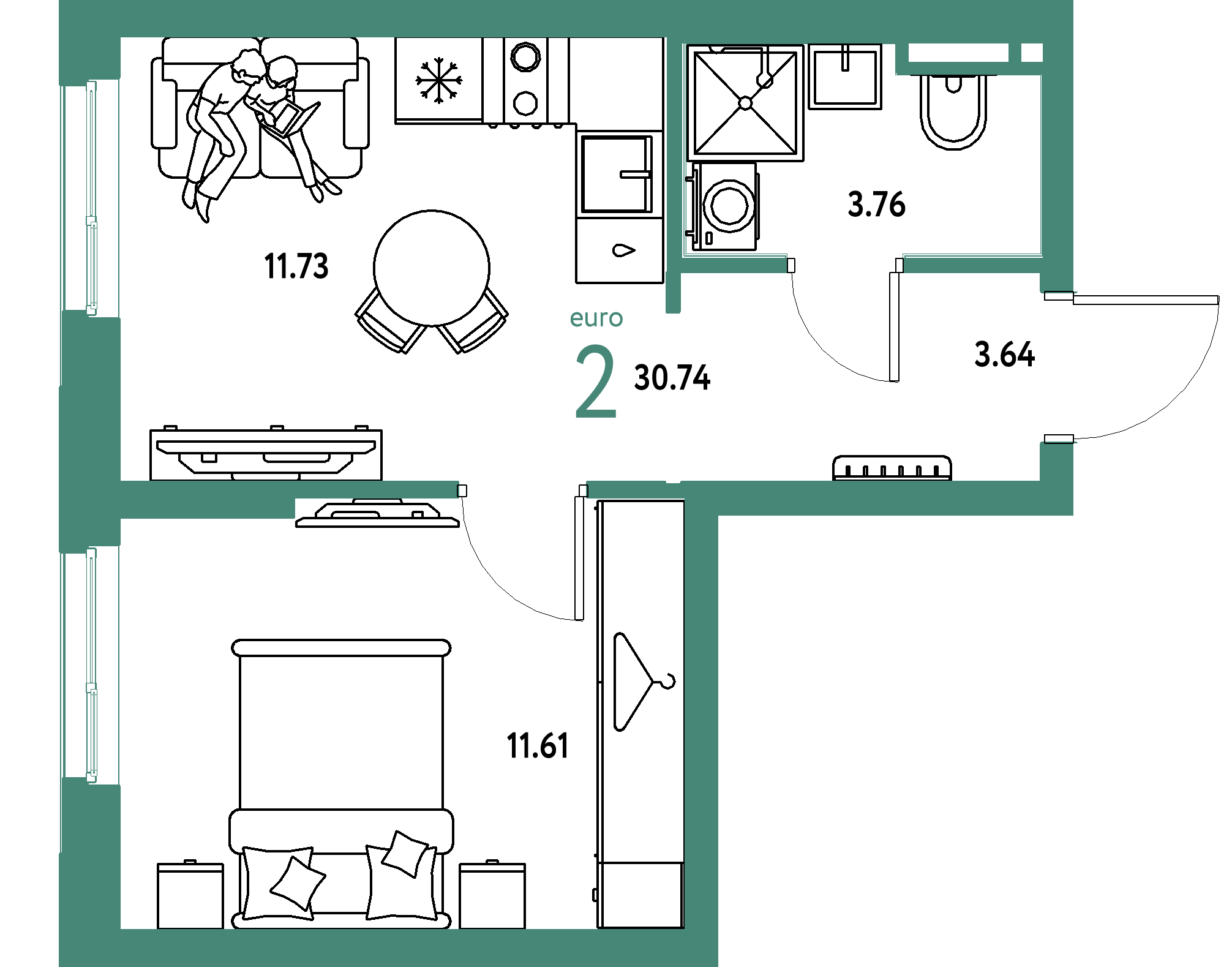 ЖК "Уральский сад"-2-комнатная 30.74 м²