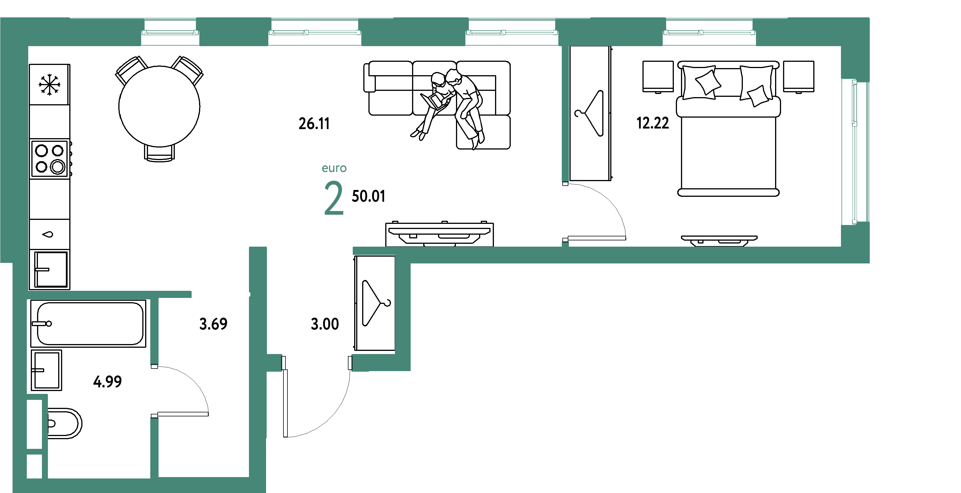 ЖК "Уральский сад"-2-комнатная 50.01 м²