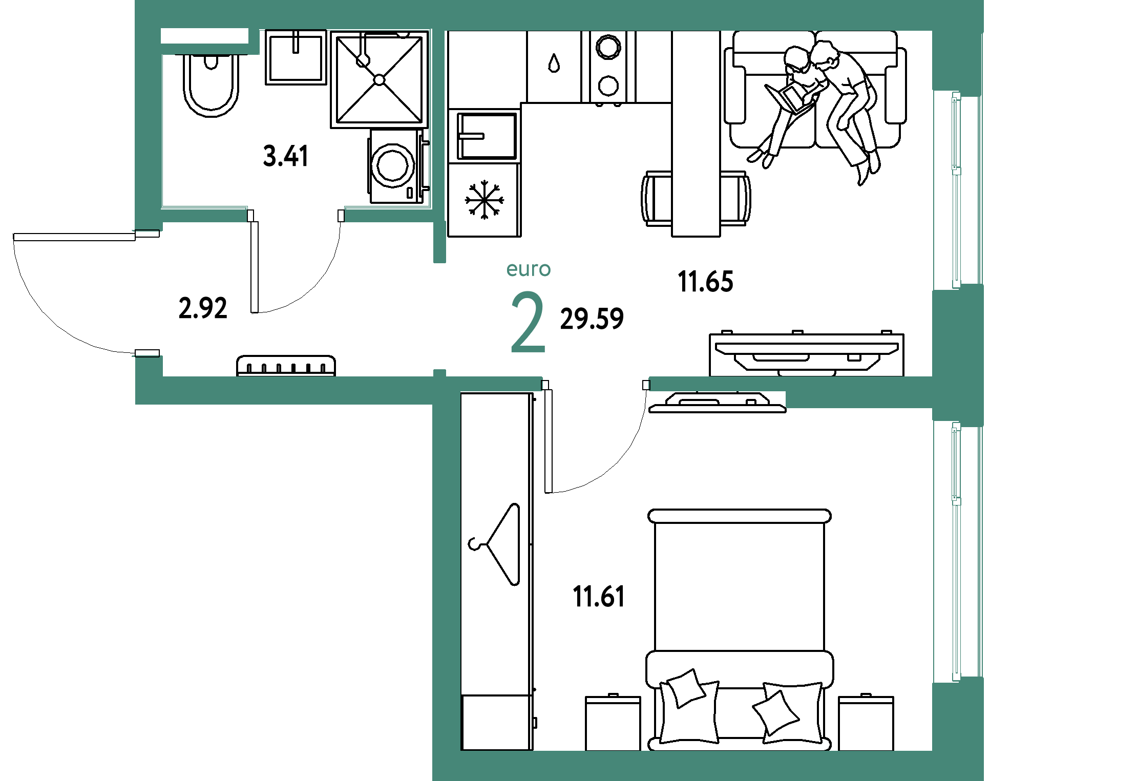 ЖК "Уральский сад"-2-комнатная 29.59 м²