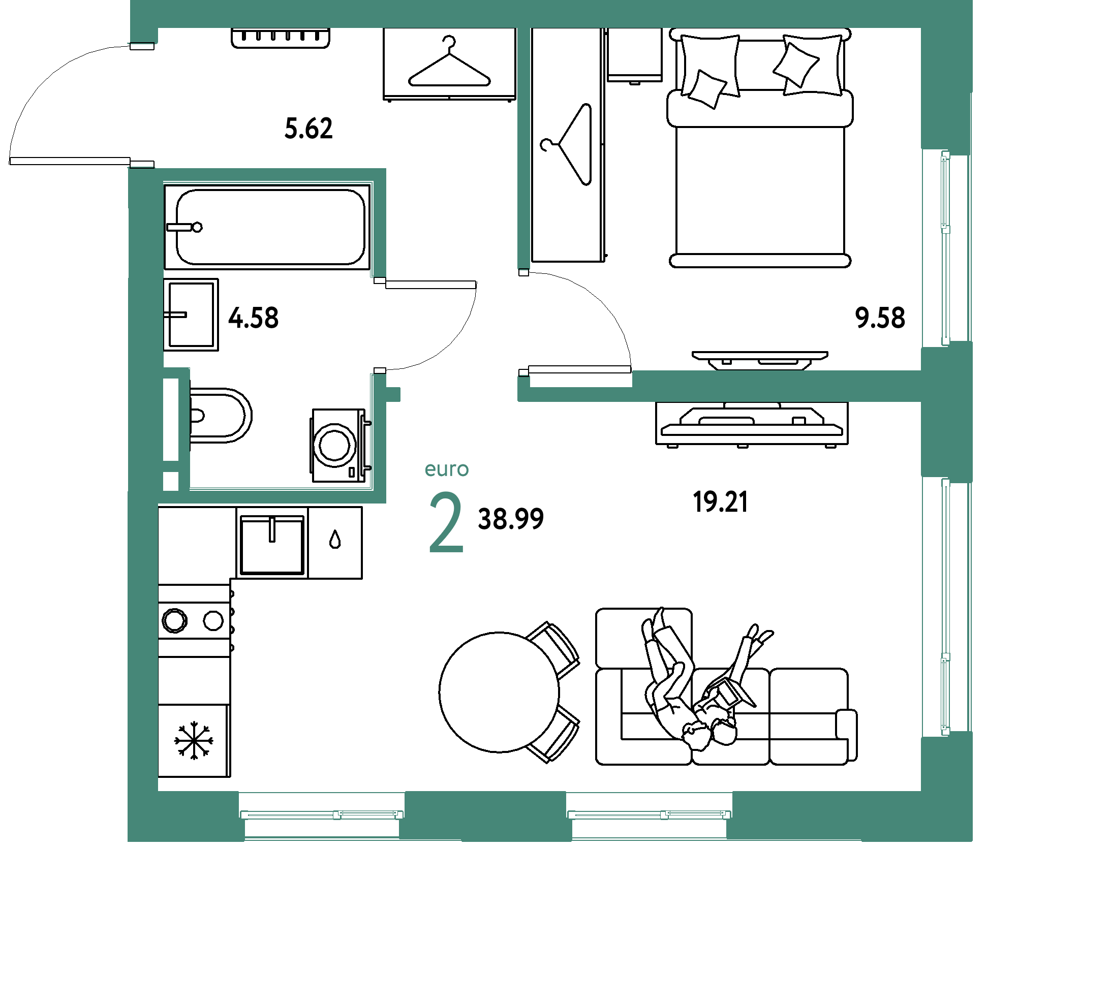 ЖК "Уральский сад"-2-комнатная 38.99 м²