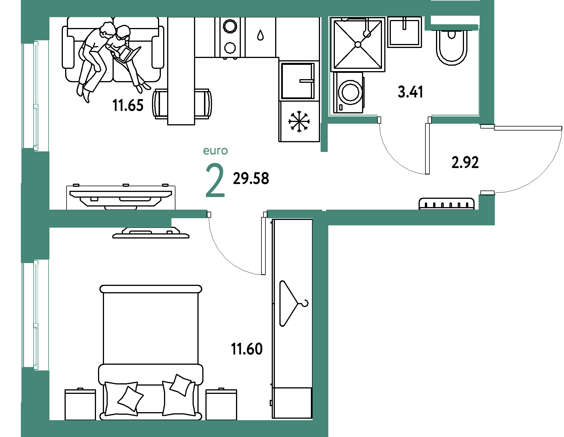 ЖК "Уральский сад"-2-комнатная 29.58 м²