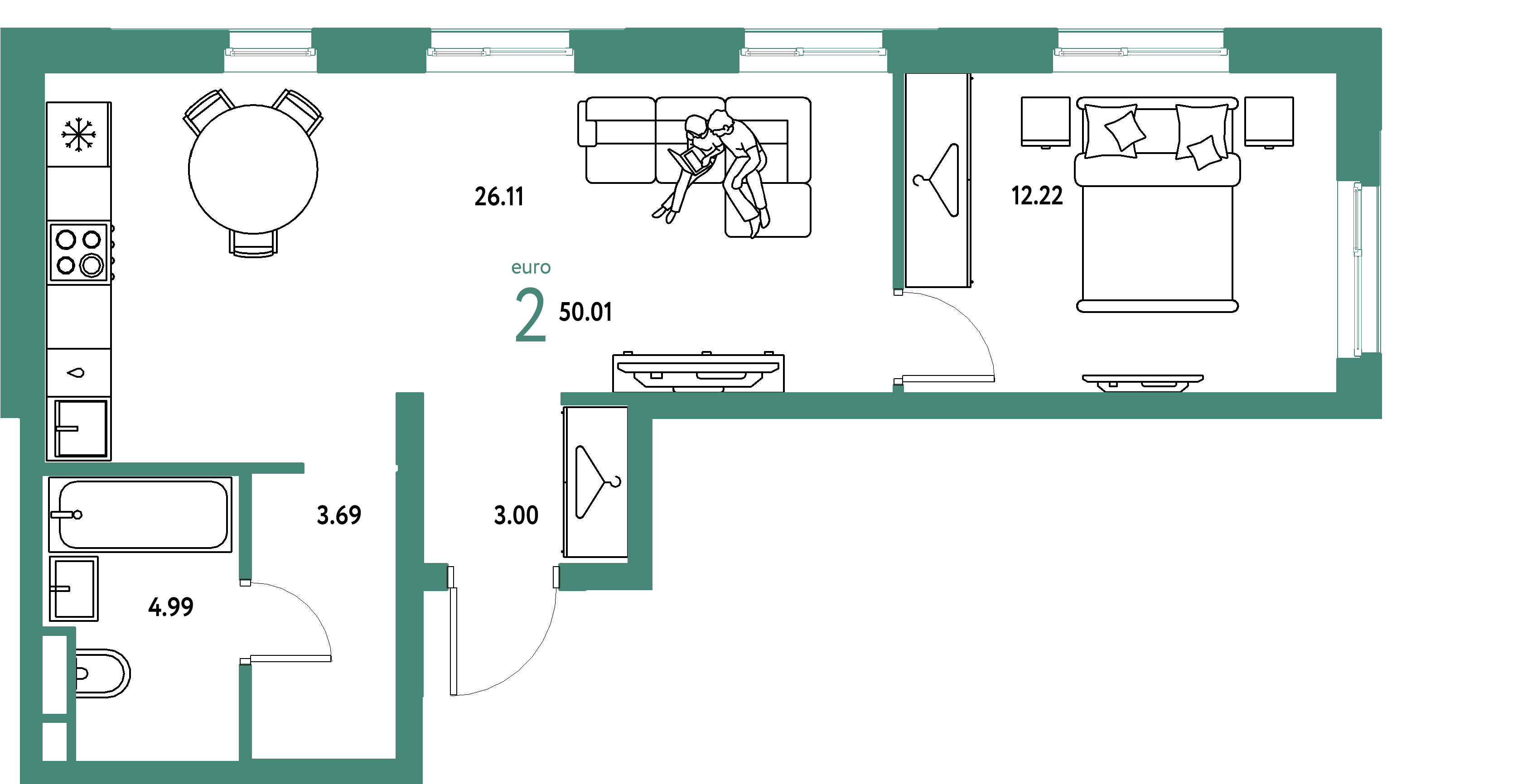 ЖК "Уральский сад"-2-комнатная 50.01 м²