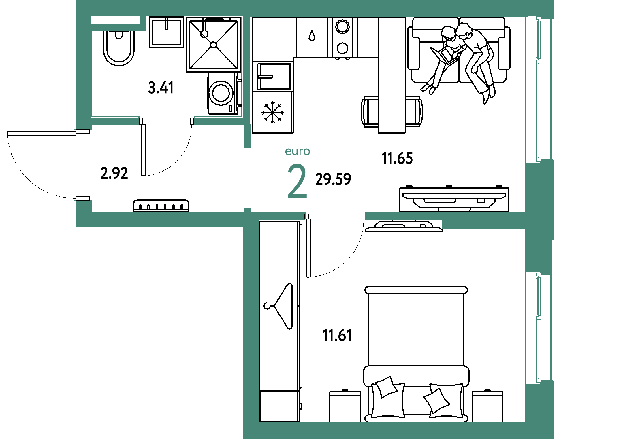 ЖК "Уральский сад"-2-комнатная 29.59 м²
