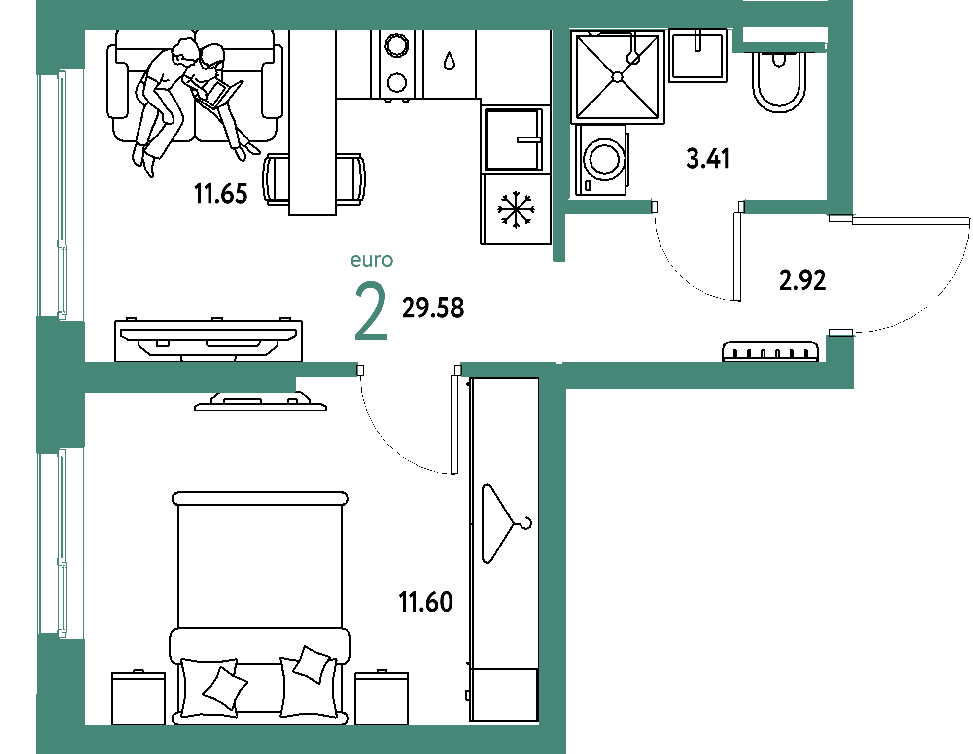 ЖК "Уральский сад"-2-комнатная 29.58 м²