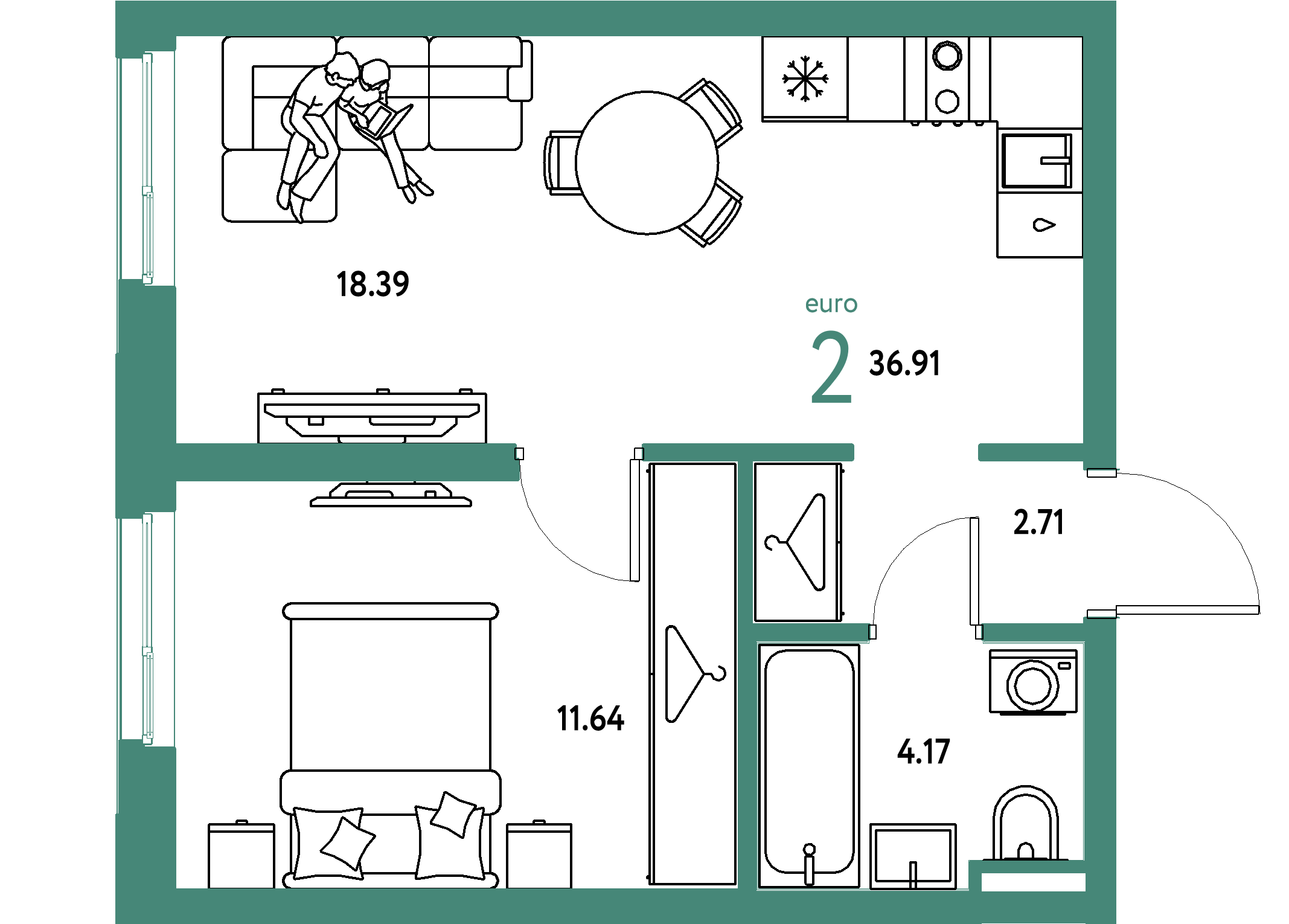 ЖК "Уральский сад"-2-комнатная 36.91 м²