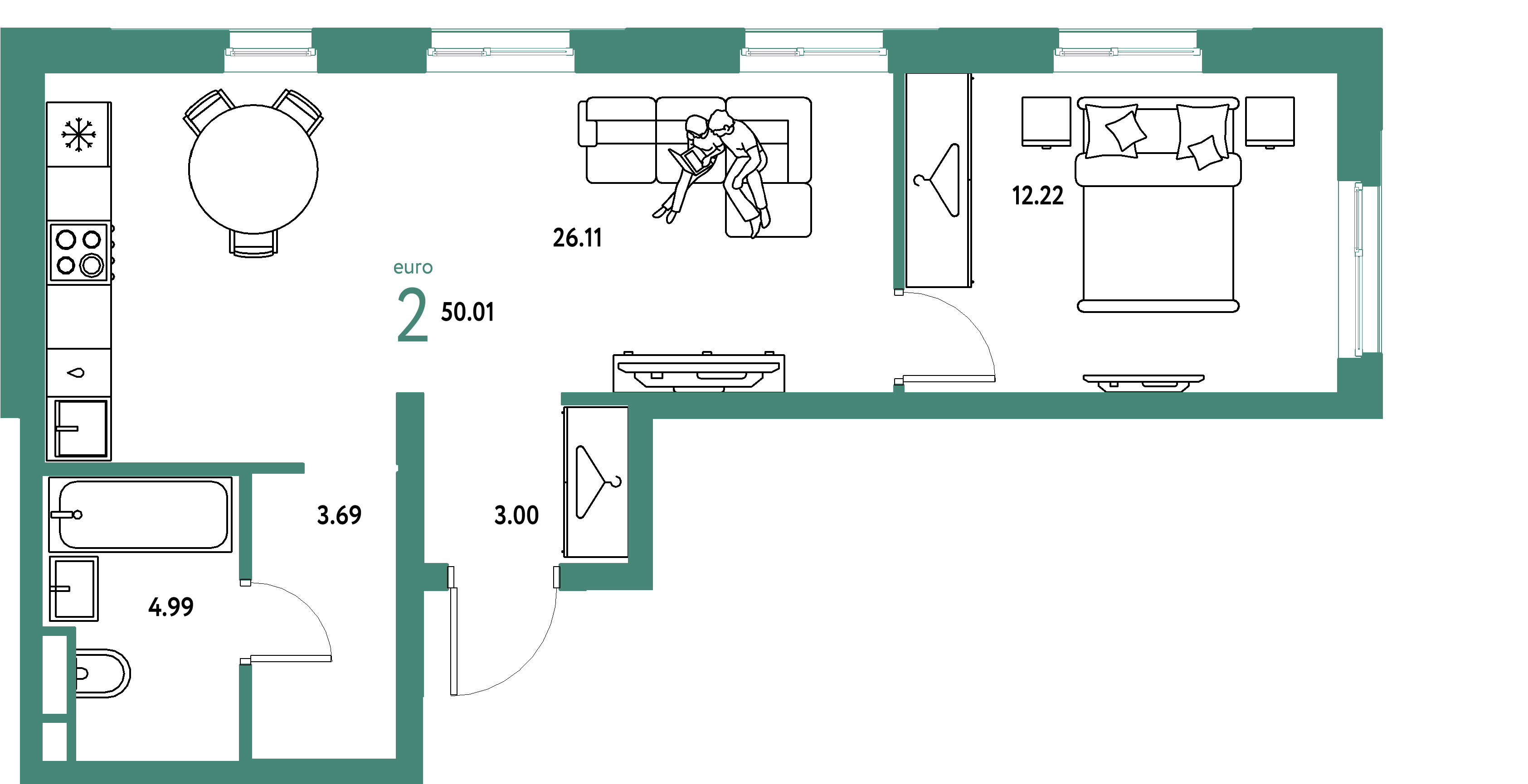 ЖК "Уральский сад"-2-комнатная 50.01 м²
