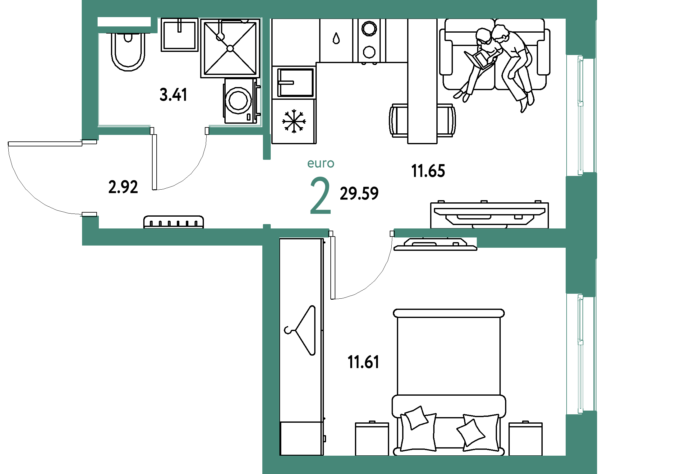 ЖК "Уральский сад"-2-комнатная 29.59 м²