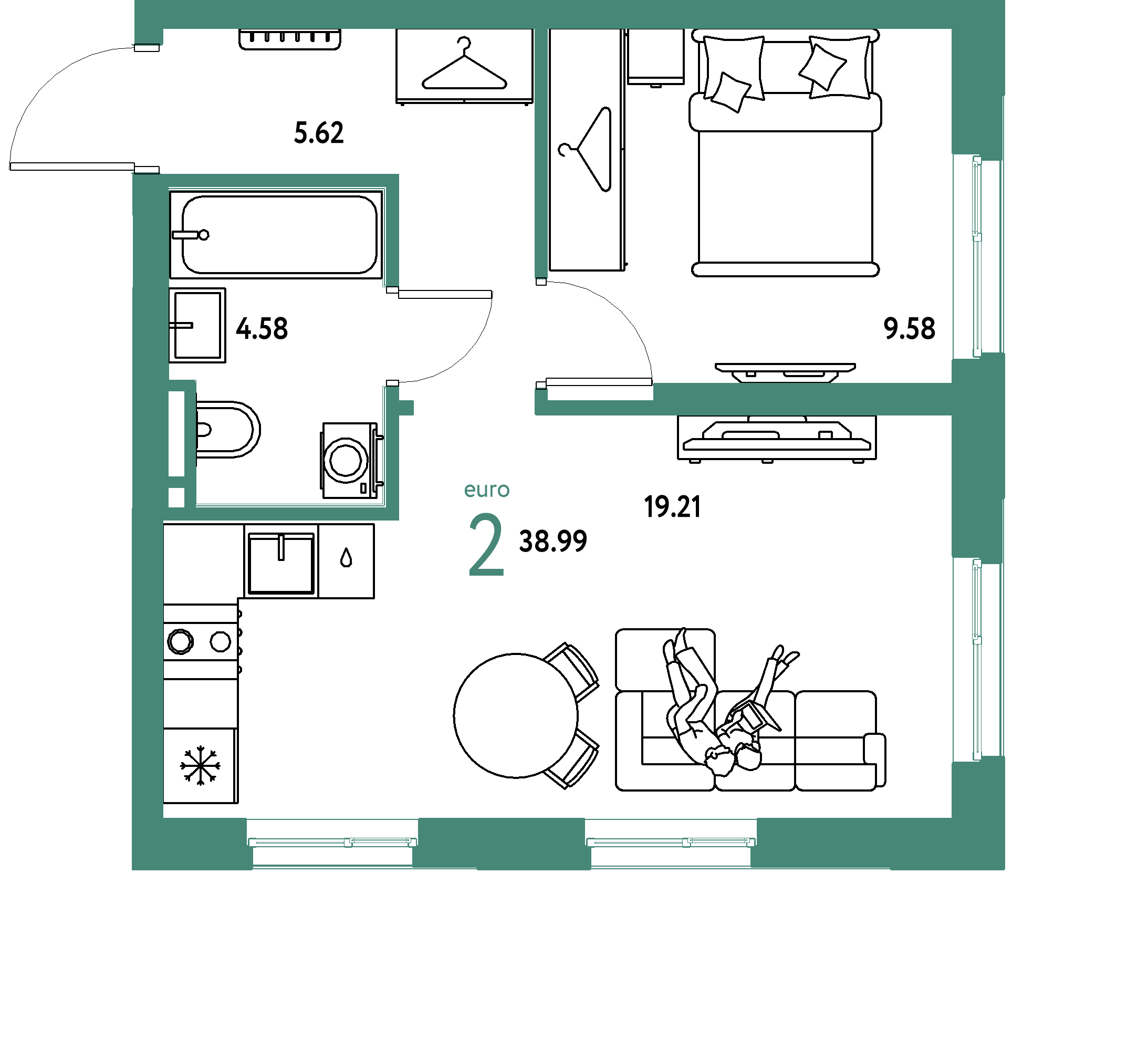 ЖК "Уральский сад"-2-комнатная 38.99 м²