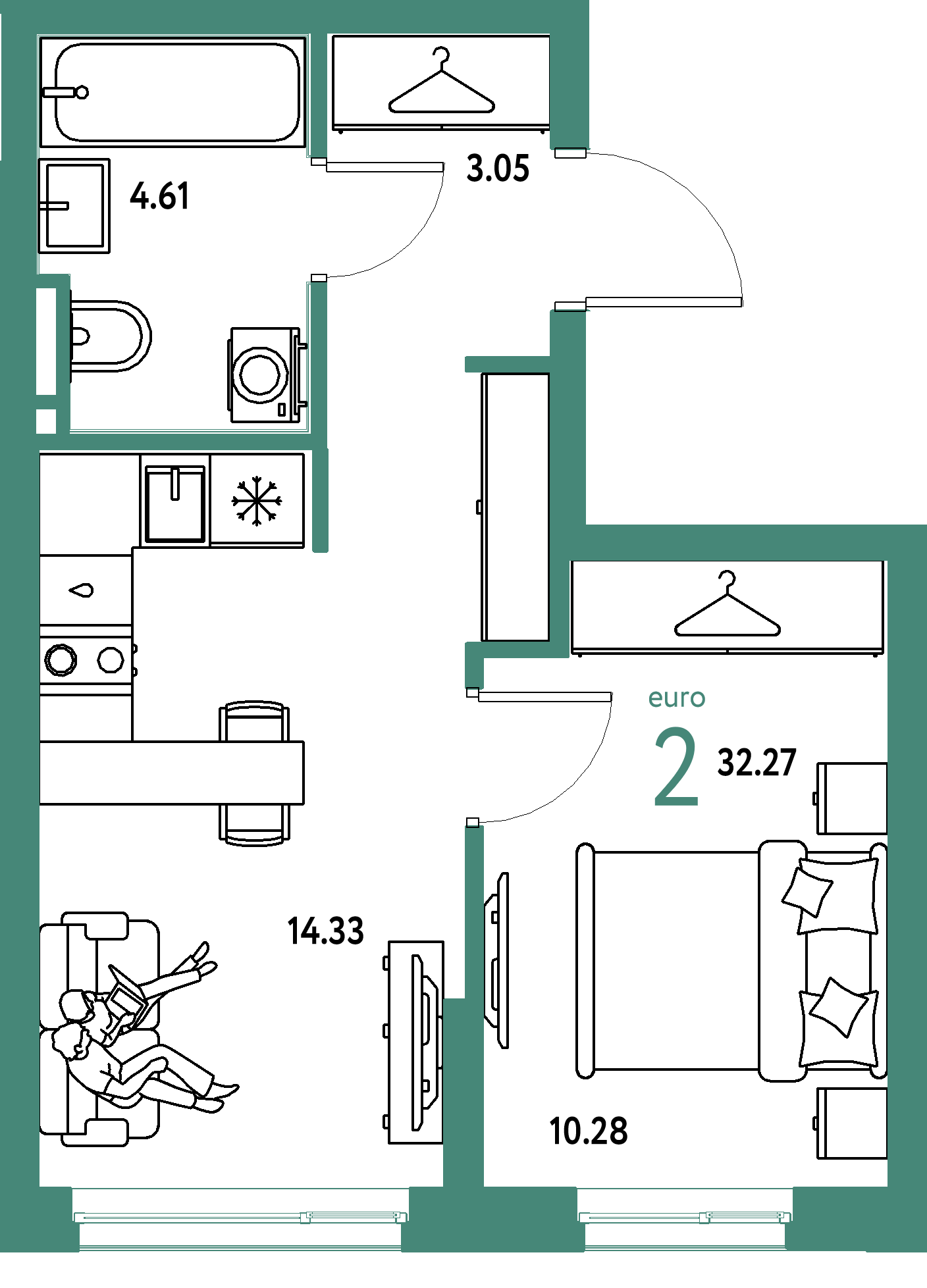 ЖК "Уральский сад"-2-комнатная 32.27 м²