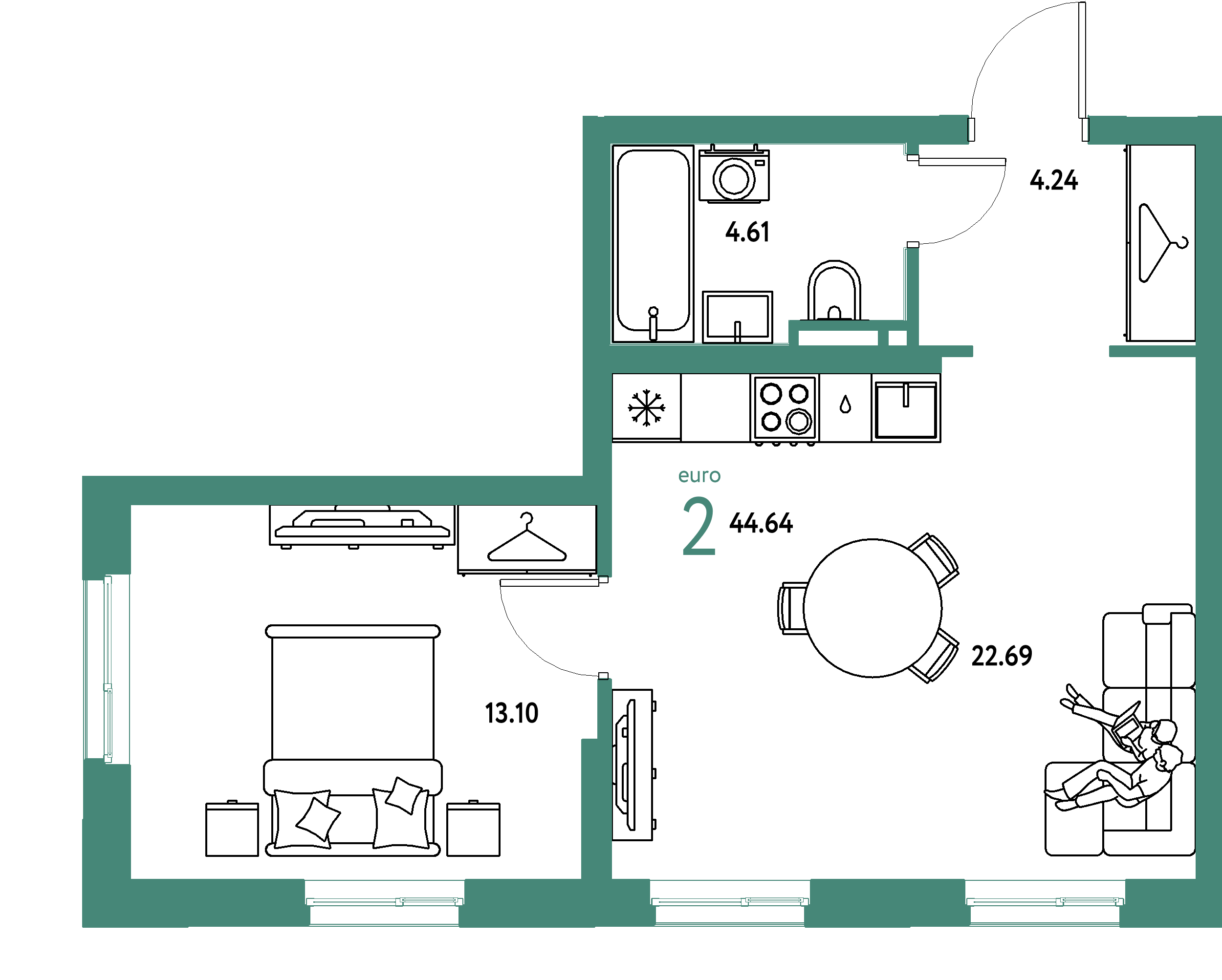 ЖК "Уральский сад"-2-комнатная 44.64 м²
