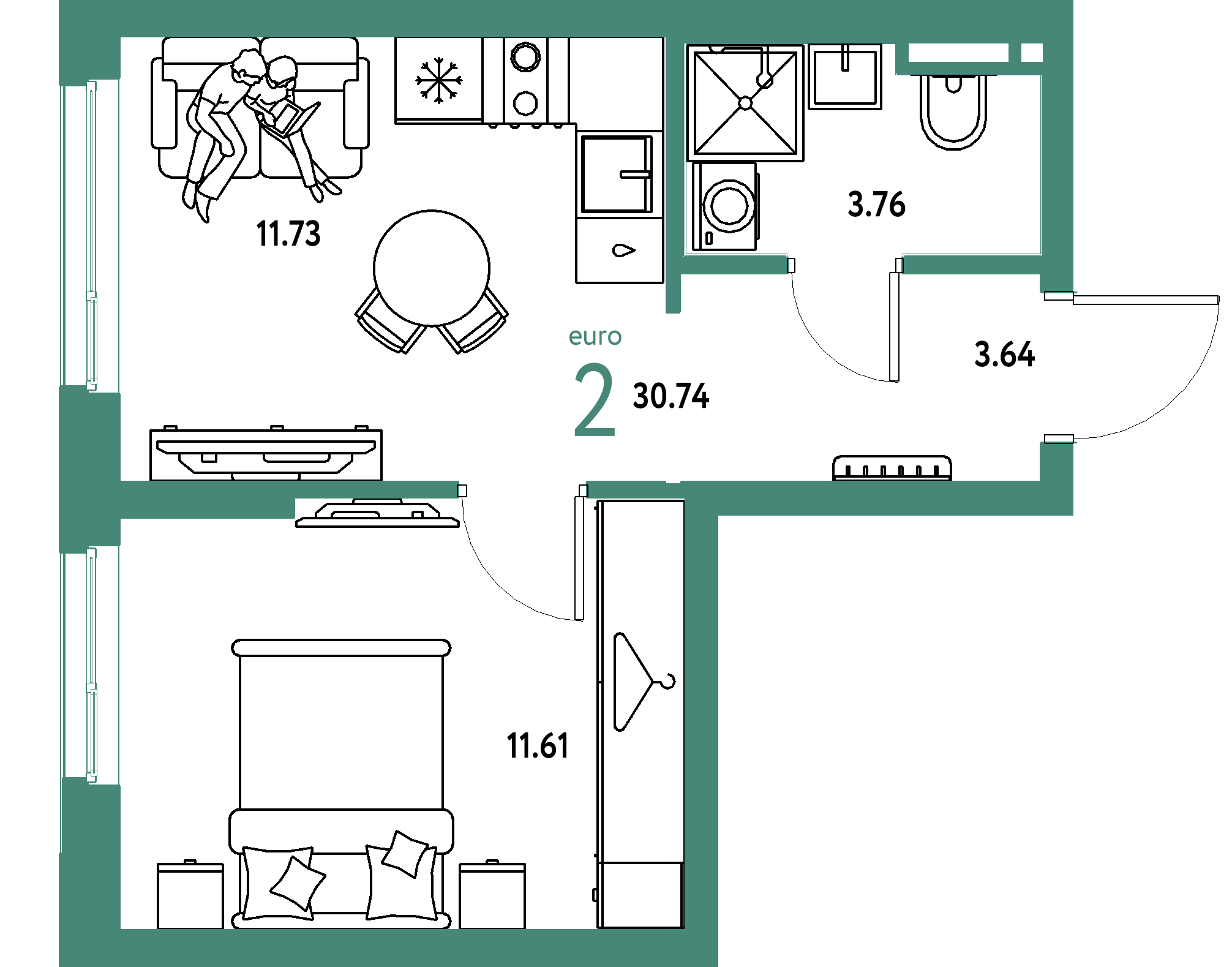 ЖК "Уральский сад"-2-комнатная 30.74 м²