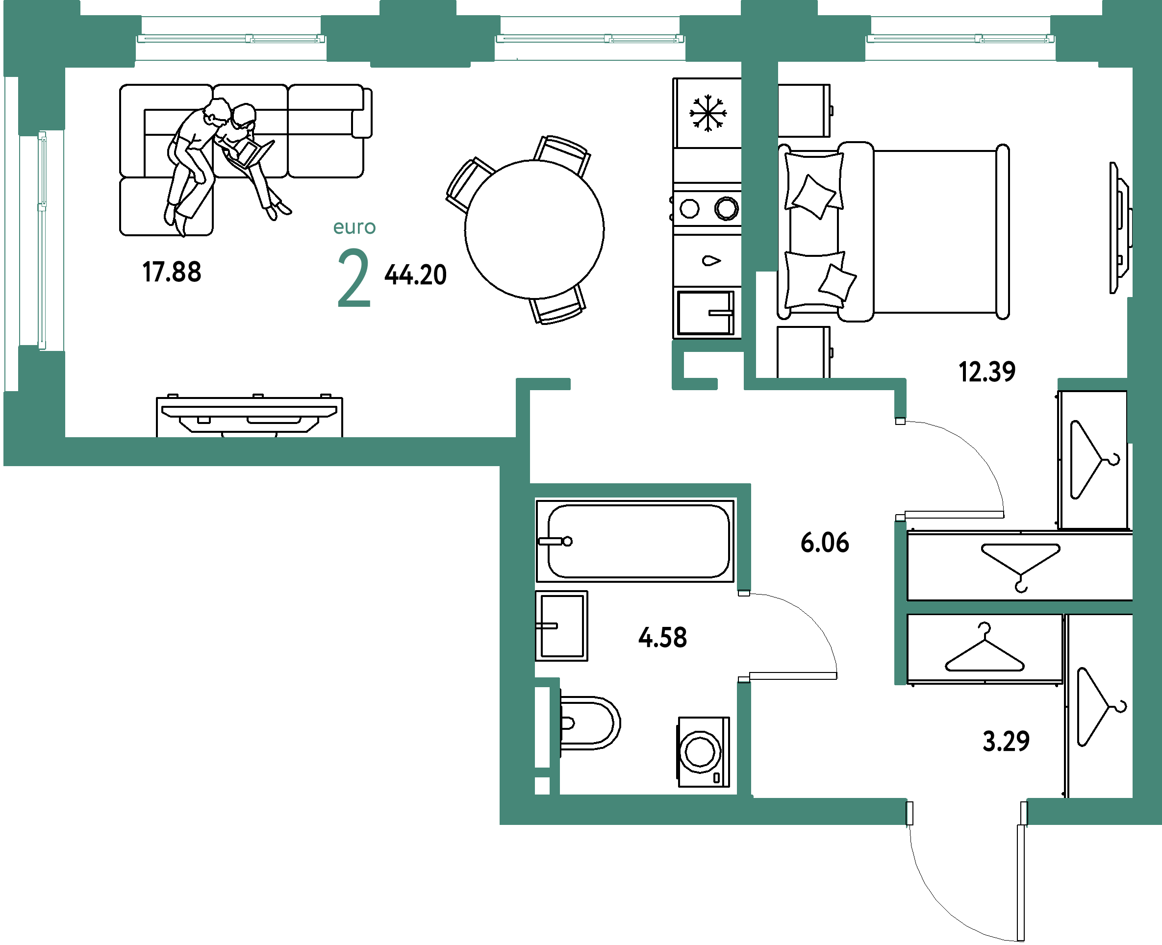 ЖК "Уральский сад"-2-комнатная 44.2 м²