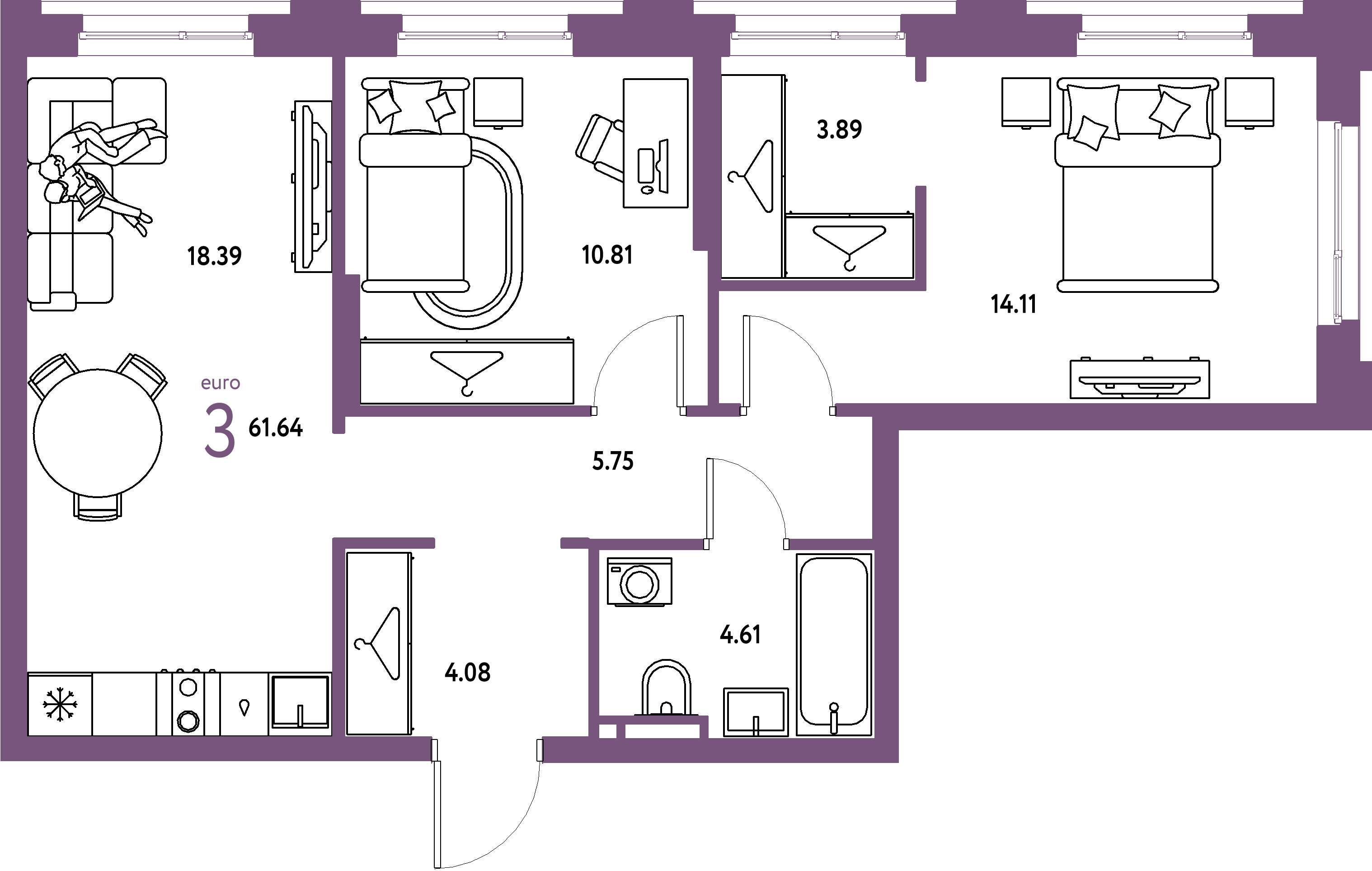 ЖК "Уральский сад"-3-комнатная 61.64 м²