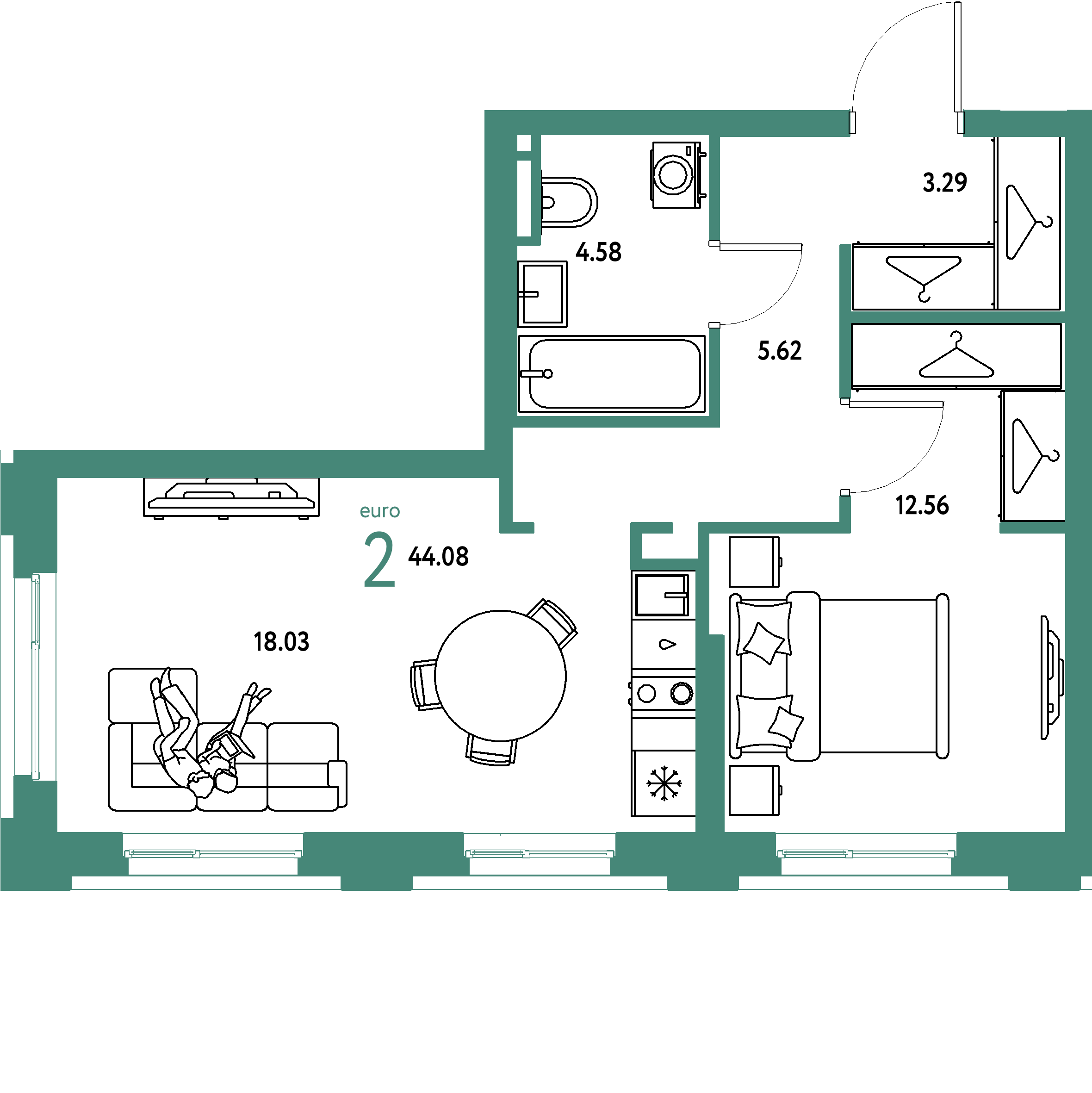 ЖК "Уральский сад"-2-комнатная 44.08 м²