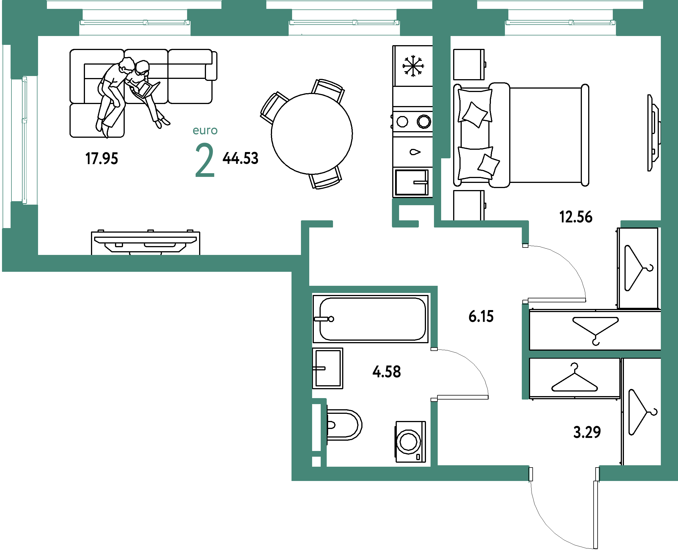 ЖК "Уральский сад"-2-комнатная 44.53 м²