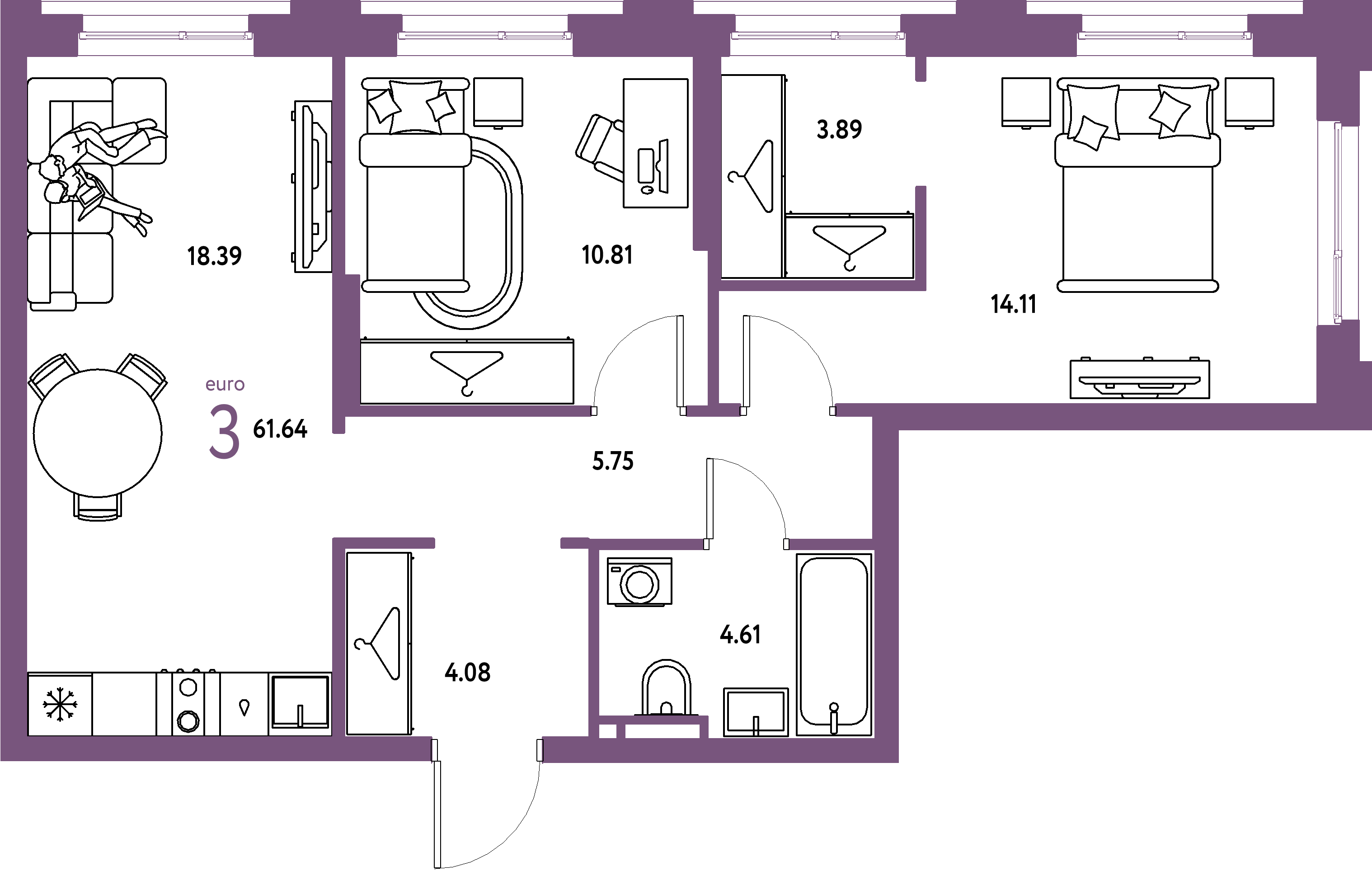 ЖК "Уральский сад"-3-комнатная 61.64 м²