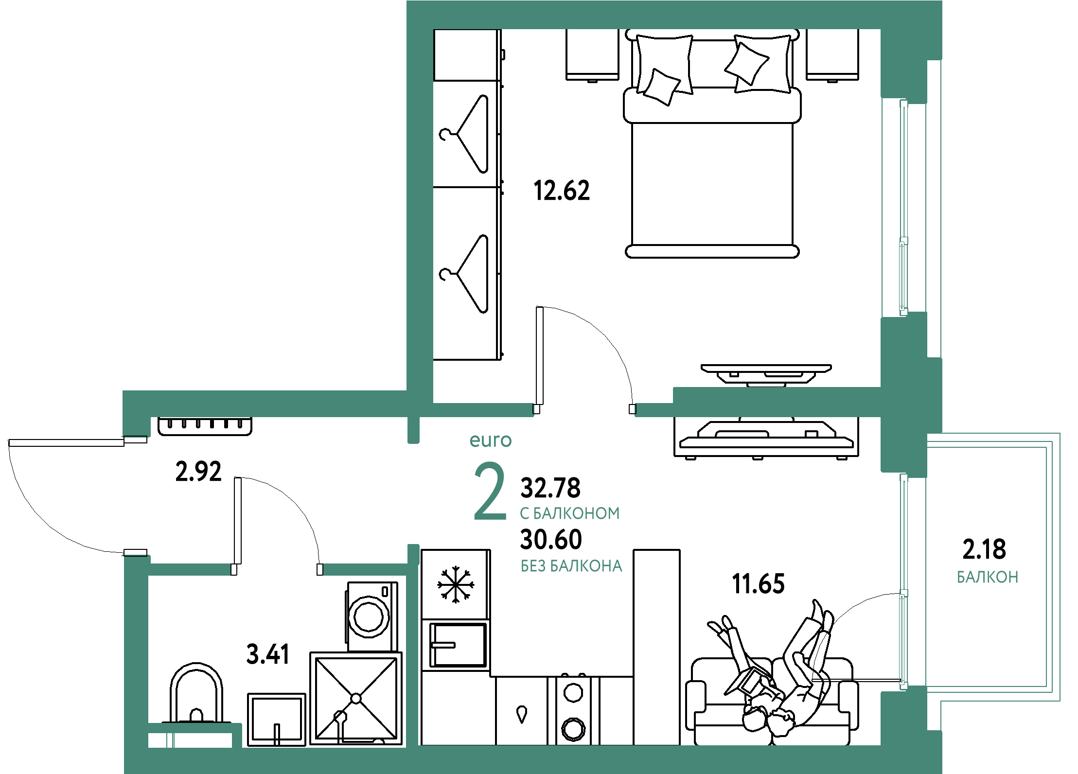 ЖК "Уральский сад"-2-комнатная 32.78 м²
