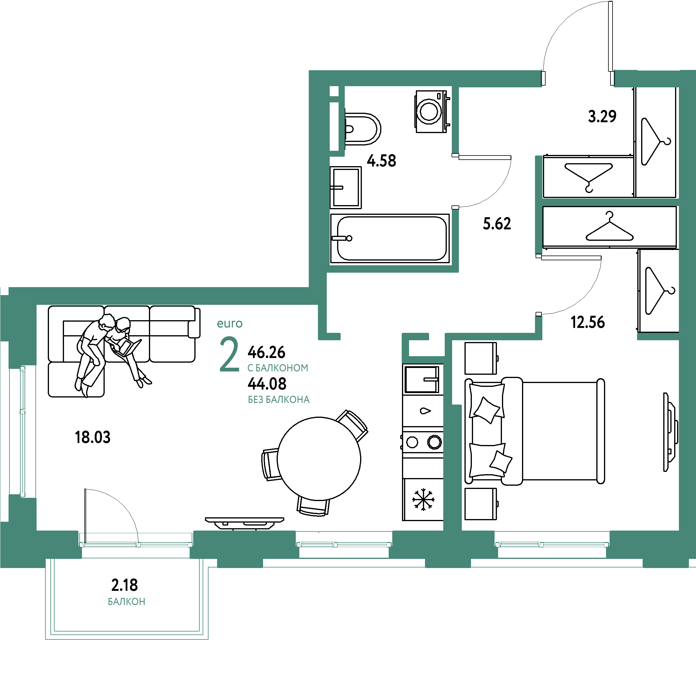 ЖК "Уральский сад"-2-комнатная 46.26 м²