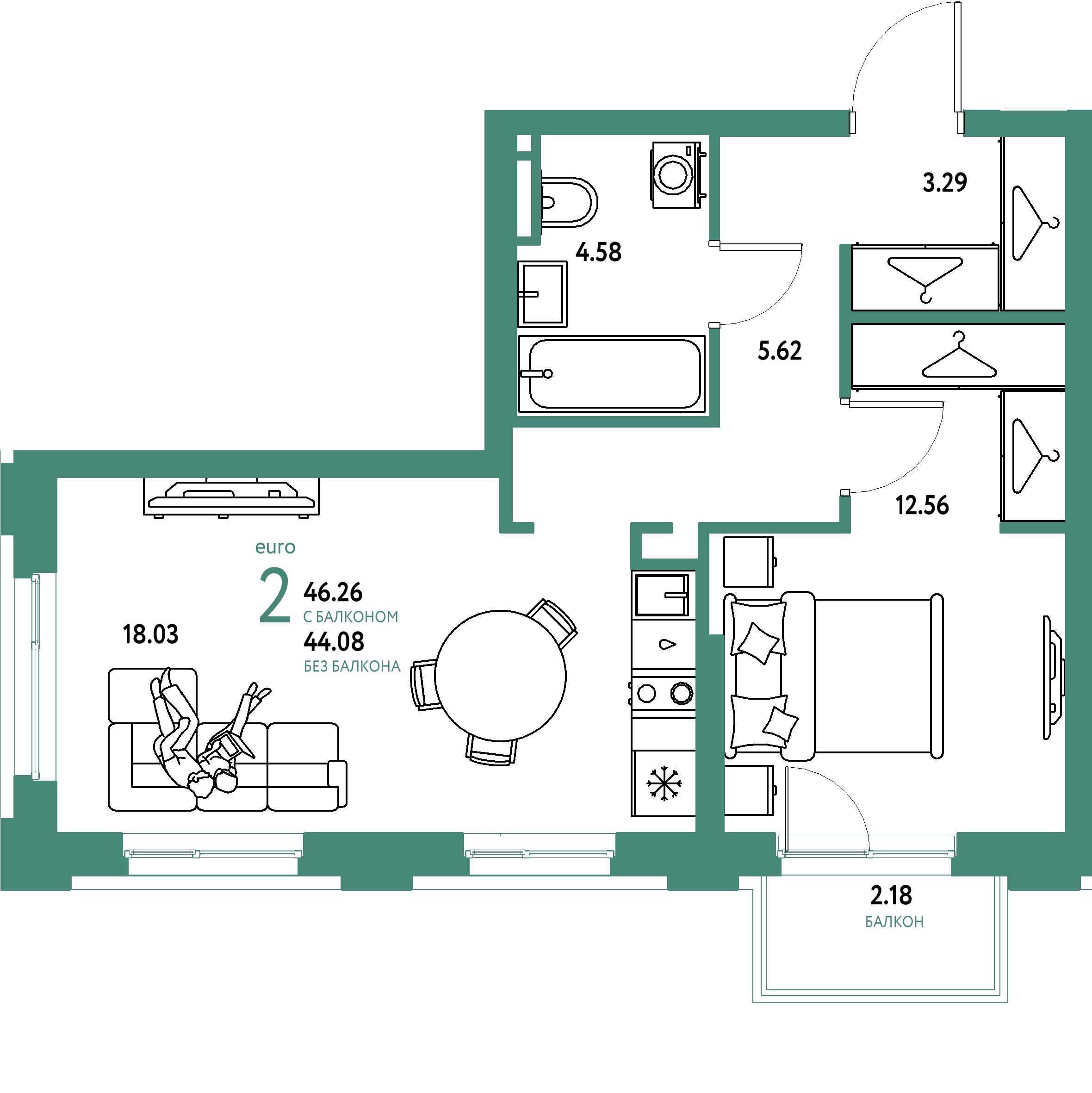 ЖК "Уральский сад"-2-комнатная 46.26 м²