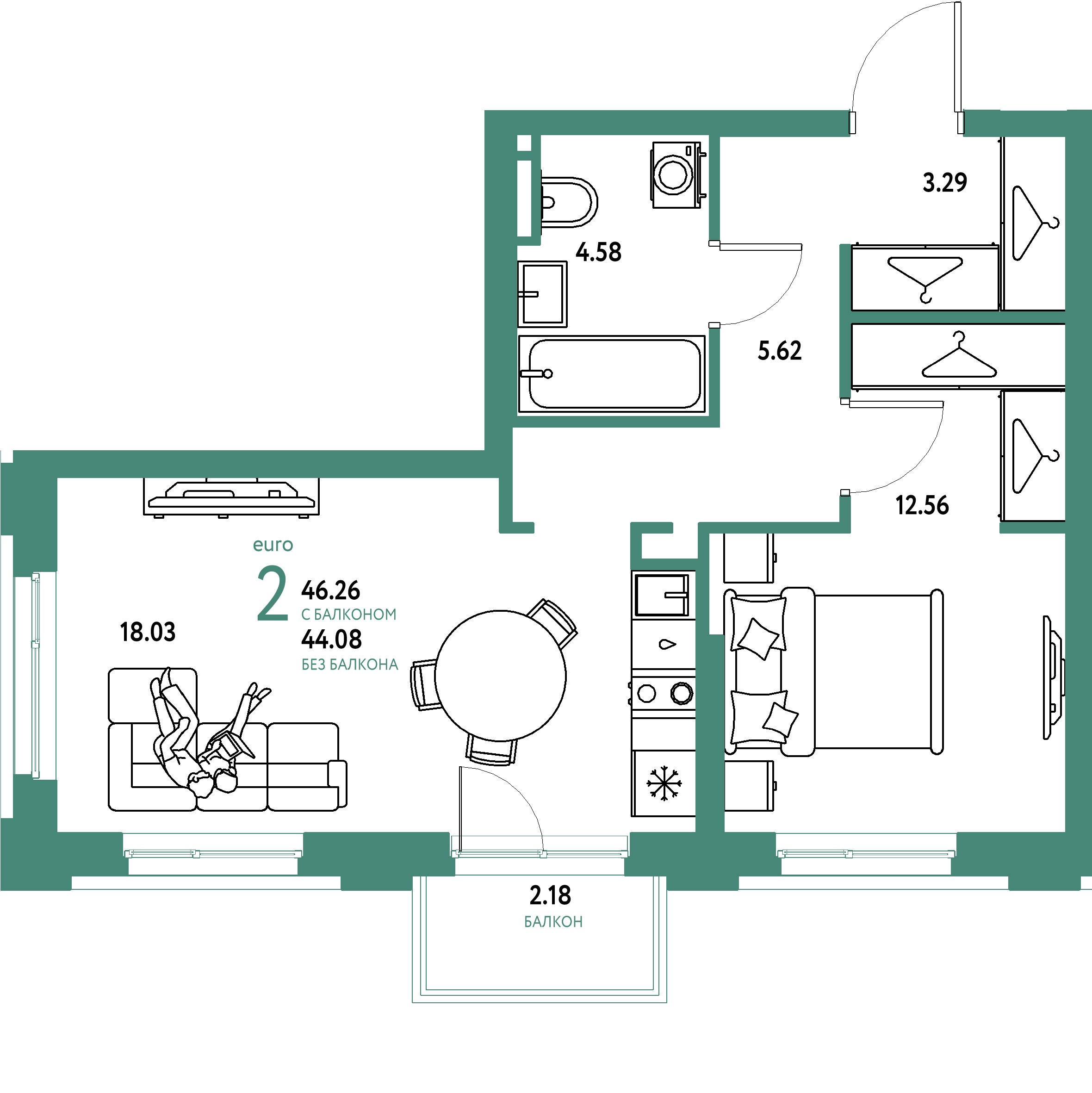 ЖК "Уральский сад"-2-комнатная 46.26 м²