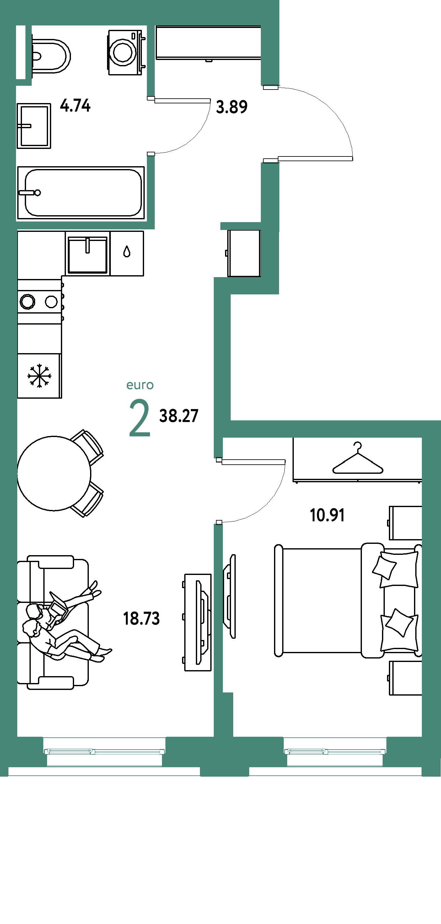 ЖК "Уральский сад"-2-комнатная 38.27 м²