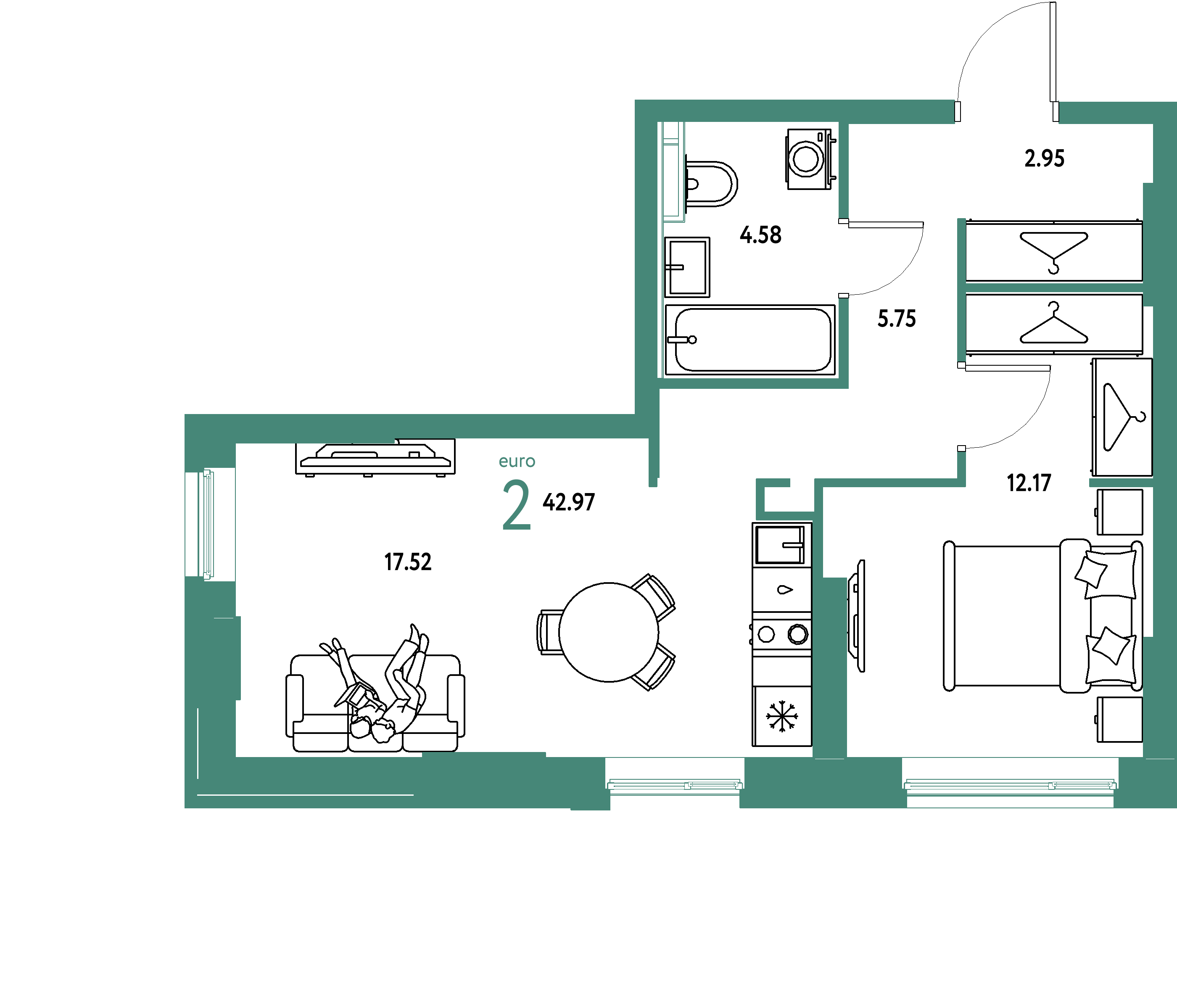 ЖК "Уральский сад"-2-комнатная 42.97 м²