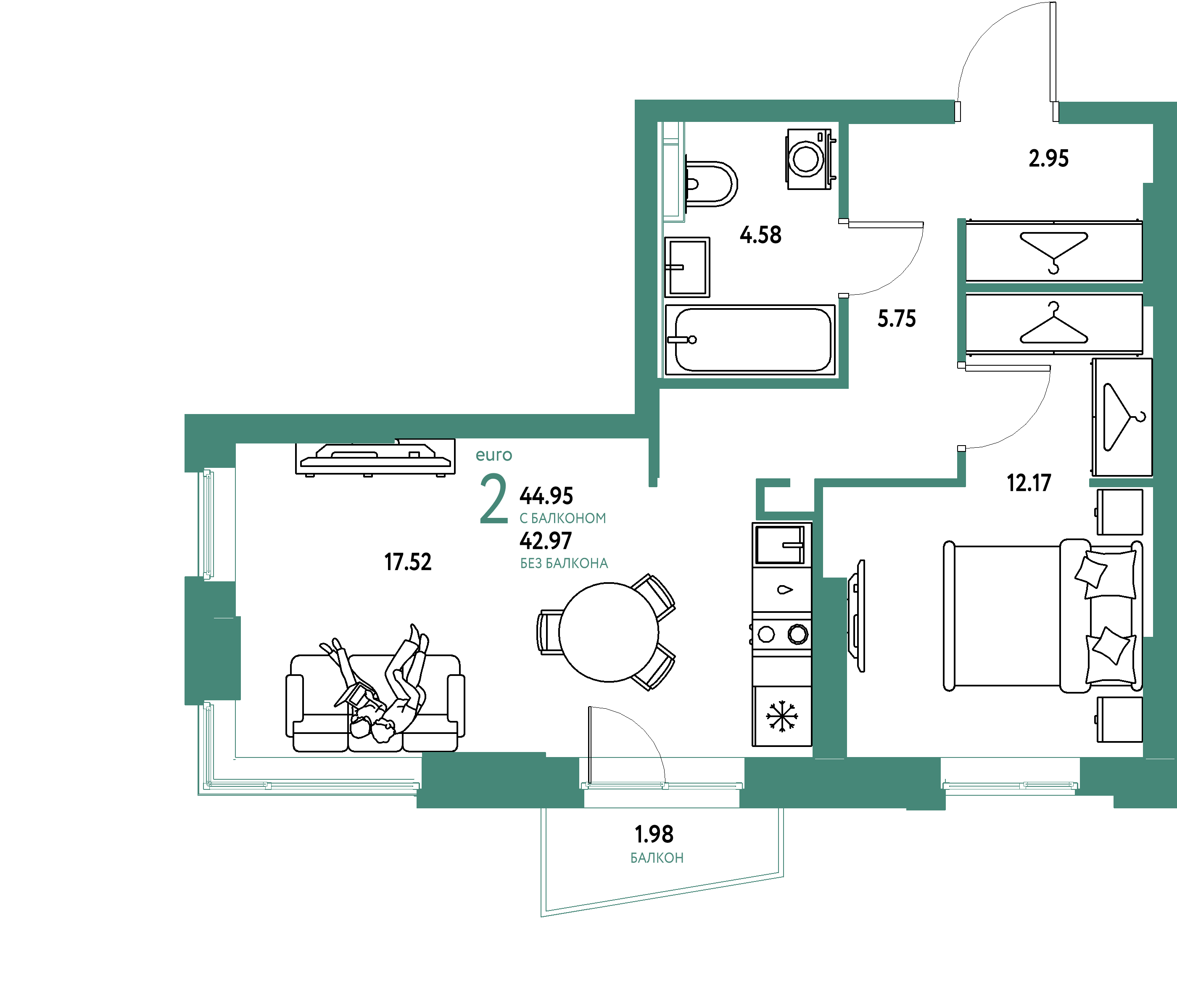 ЖК "Уральский сад"-2-комнатная 44.95 м²