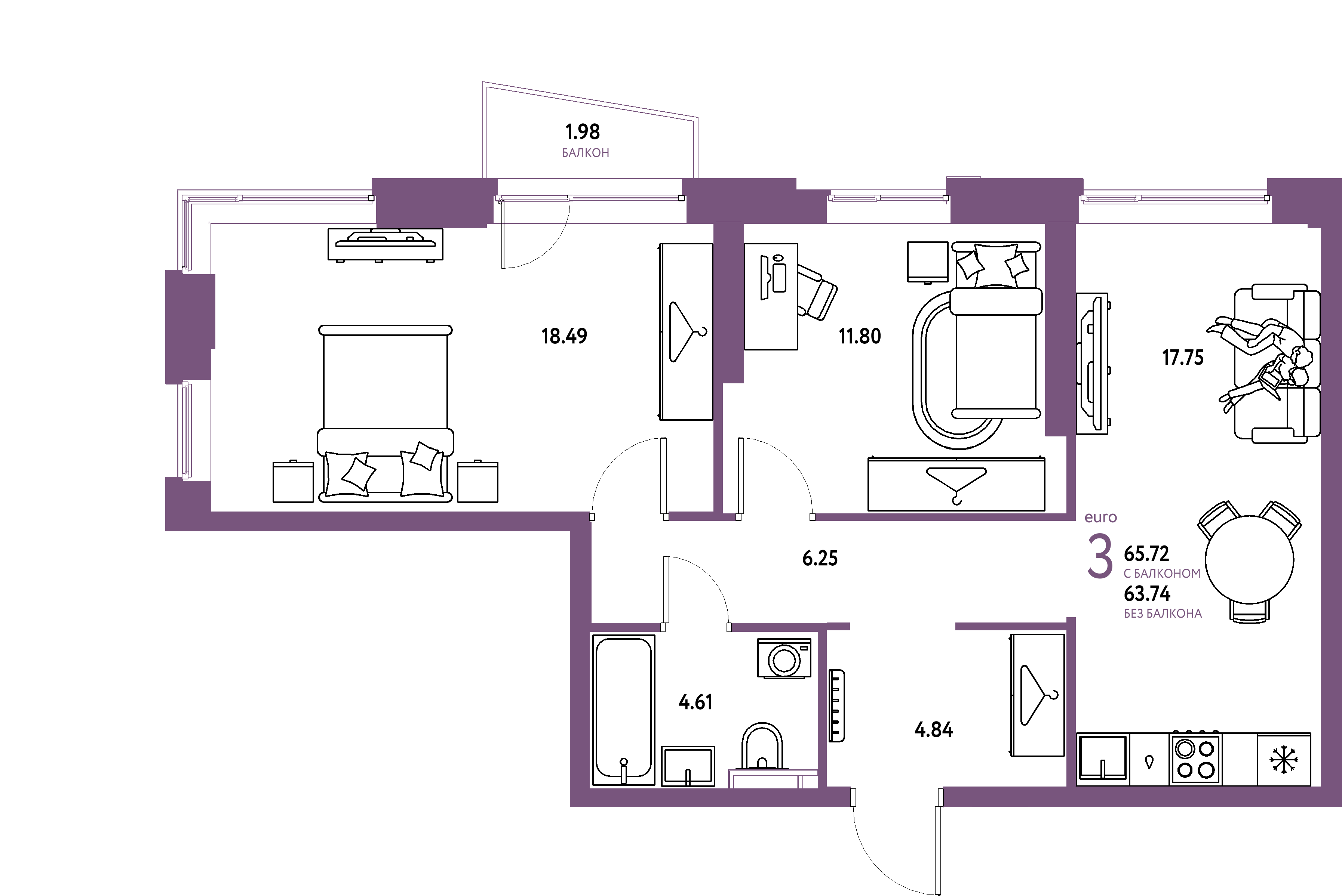 ЖК "Уральский сад"-3-комнатная 65.72 м²
