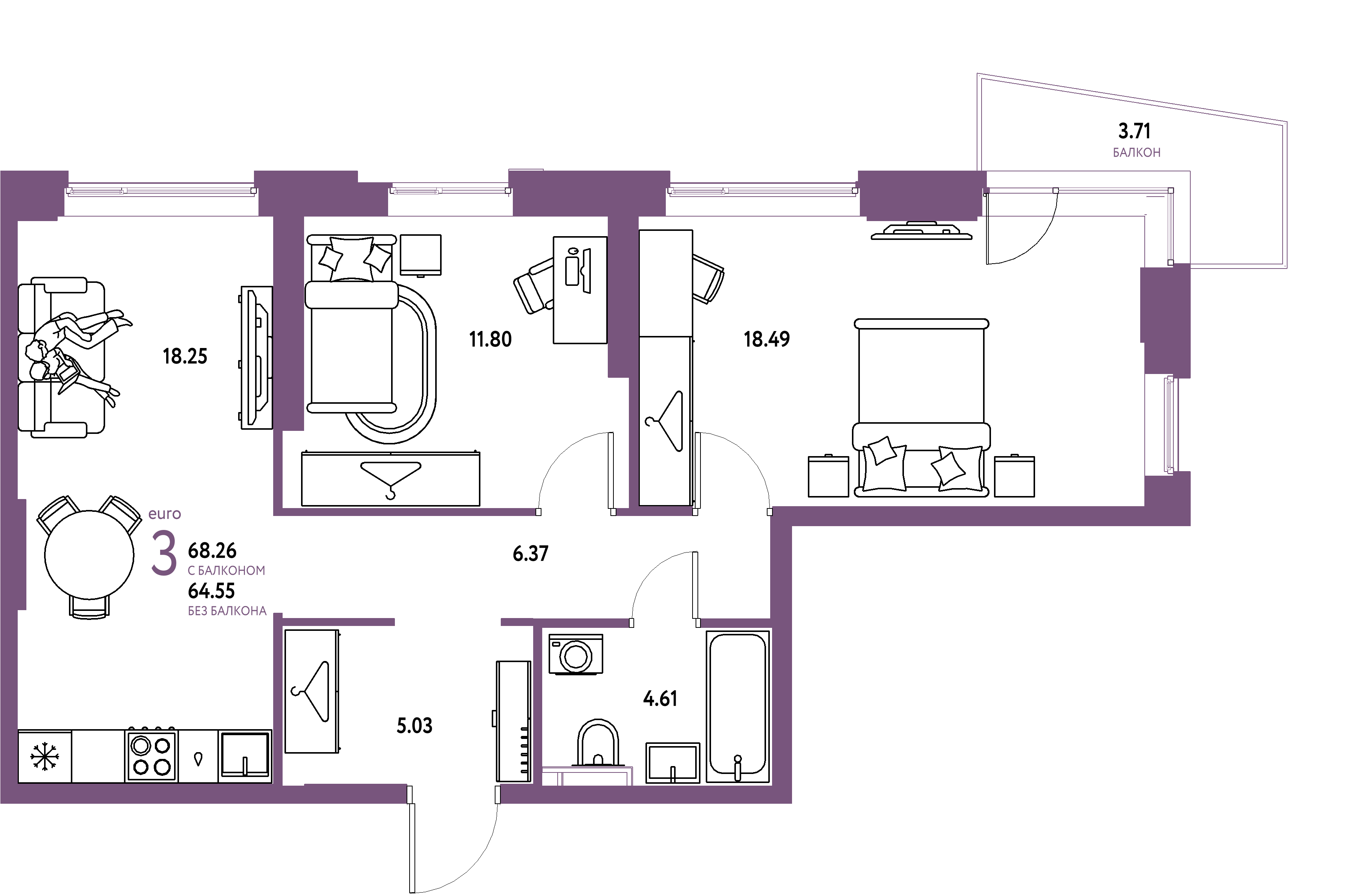 ЖК "Уральский сад"-3-комнатная 68.26 м²