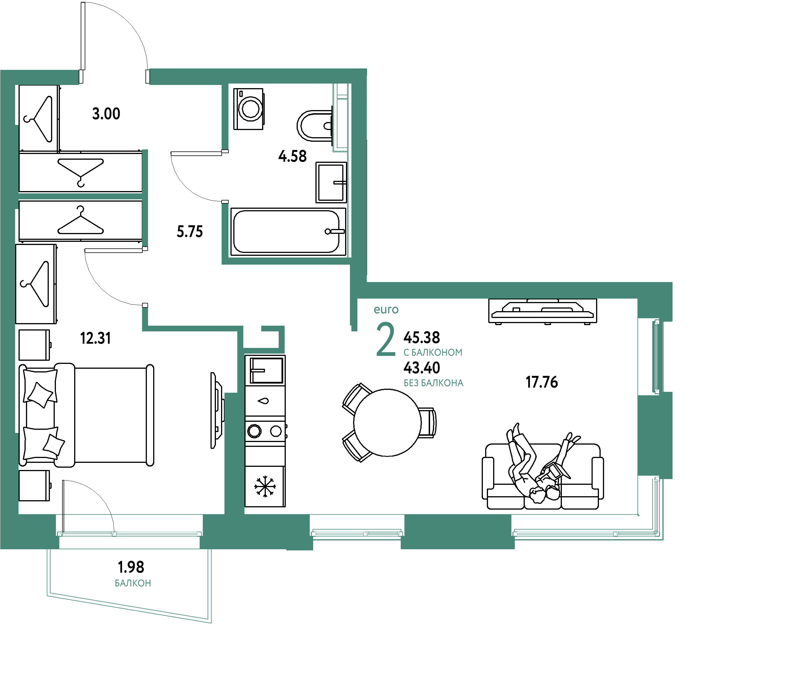 ЖК "Уральский сад"-2-комнатная 45.38 м²