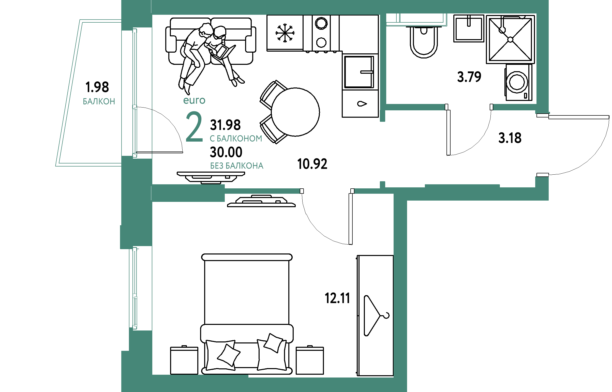 ЖК "Уральский сад"-2-комнатная 31.98 м²