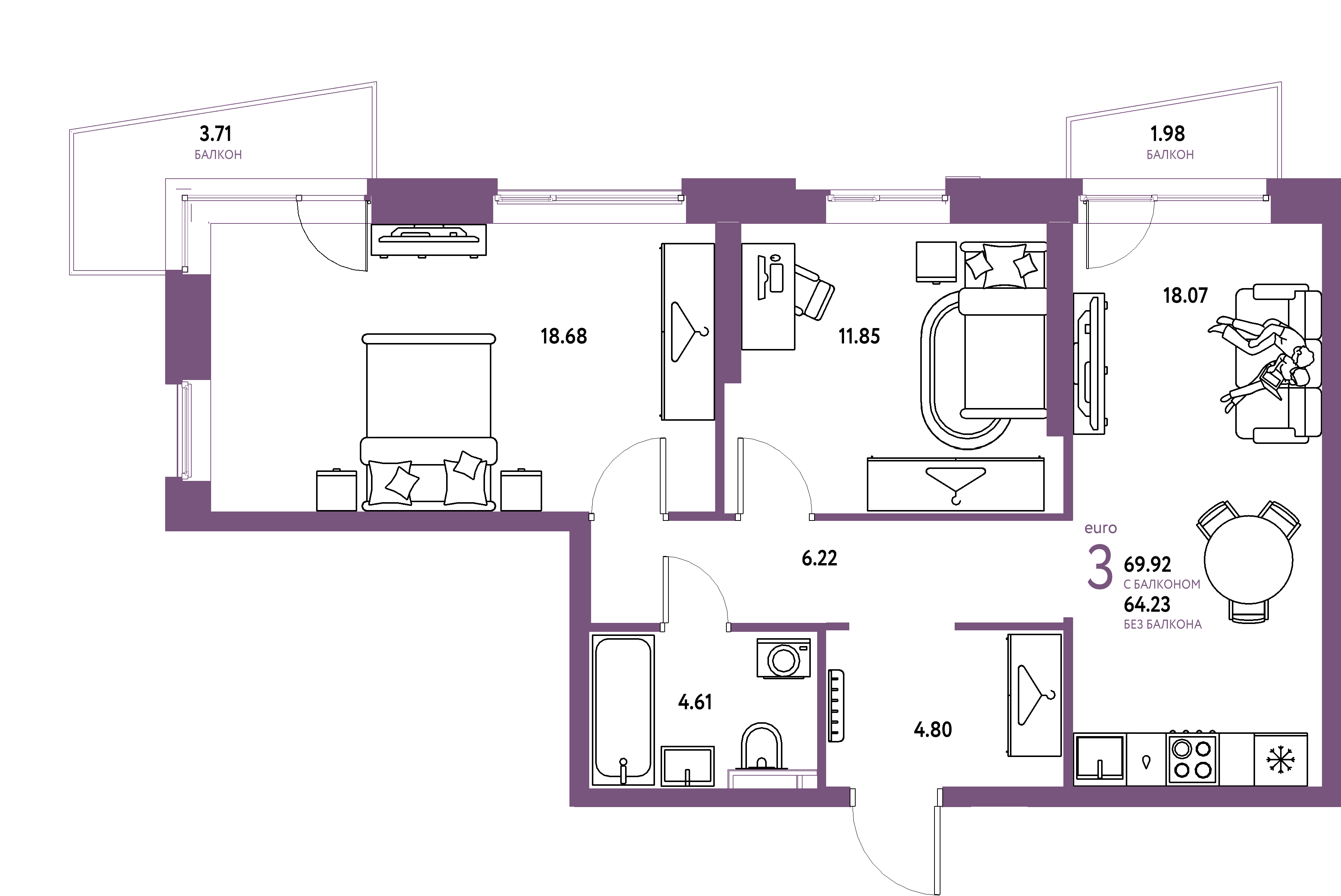 ЖК "Уральский сад"-3-комнатная 69.92 м²