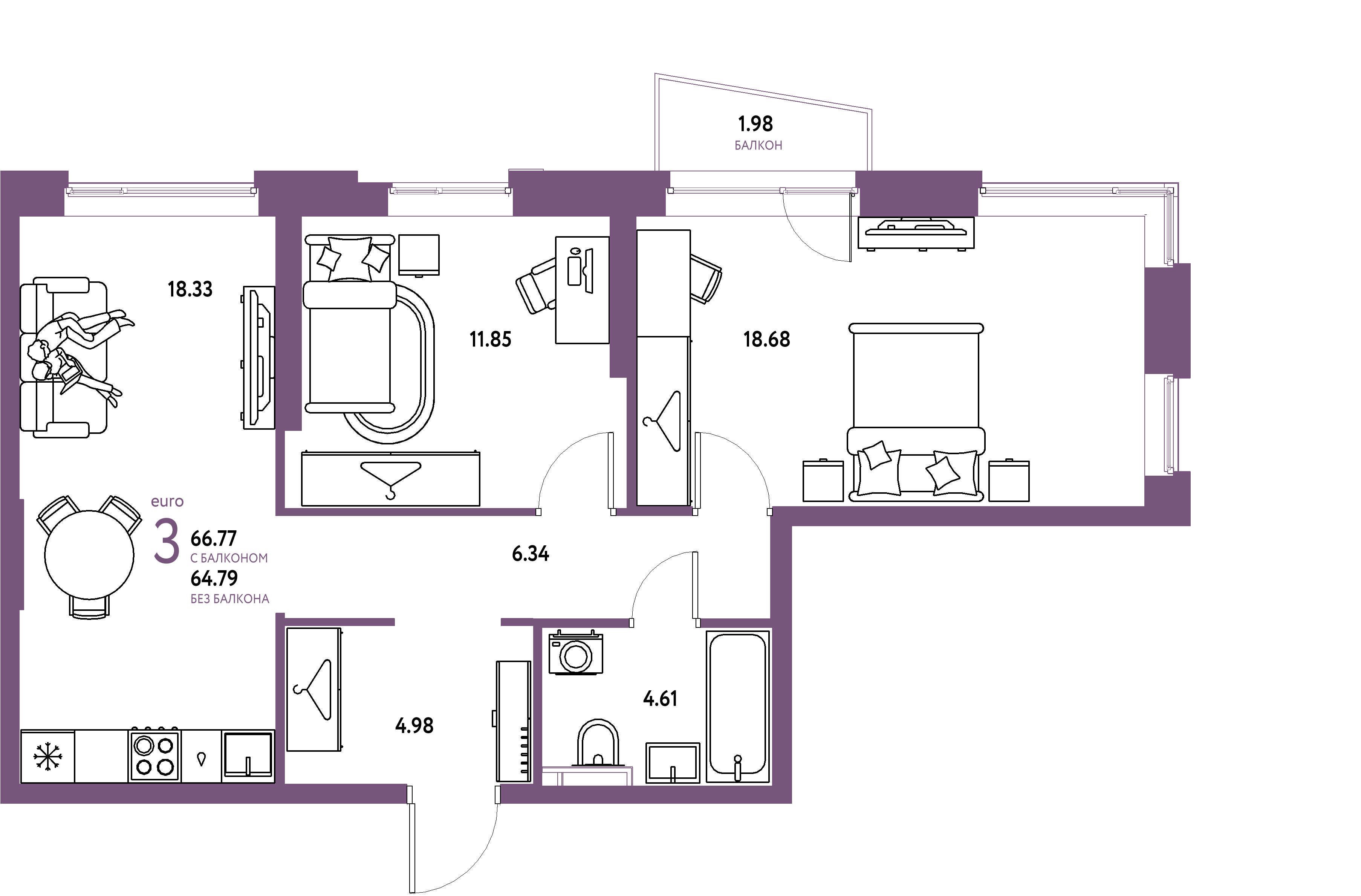ЖК "Уральский сад"-3-комнатная 66.77 м²