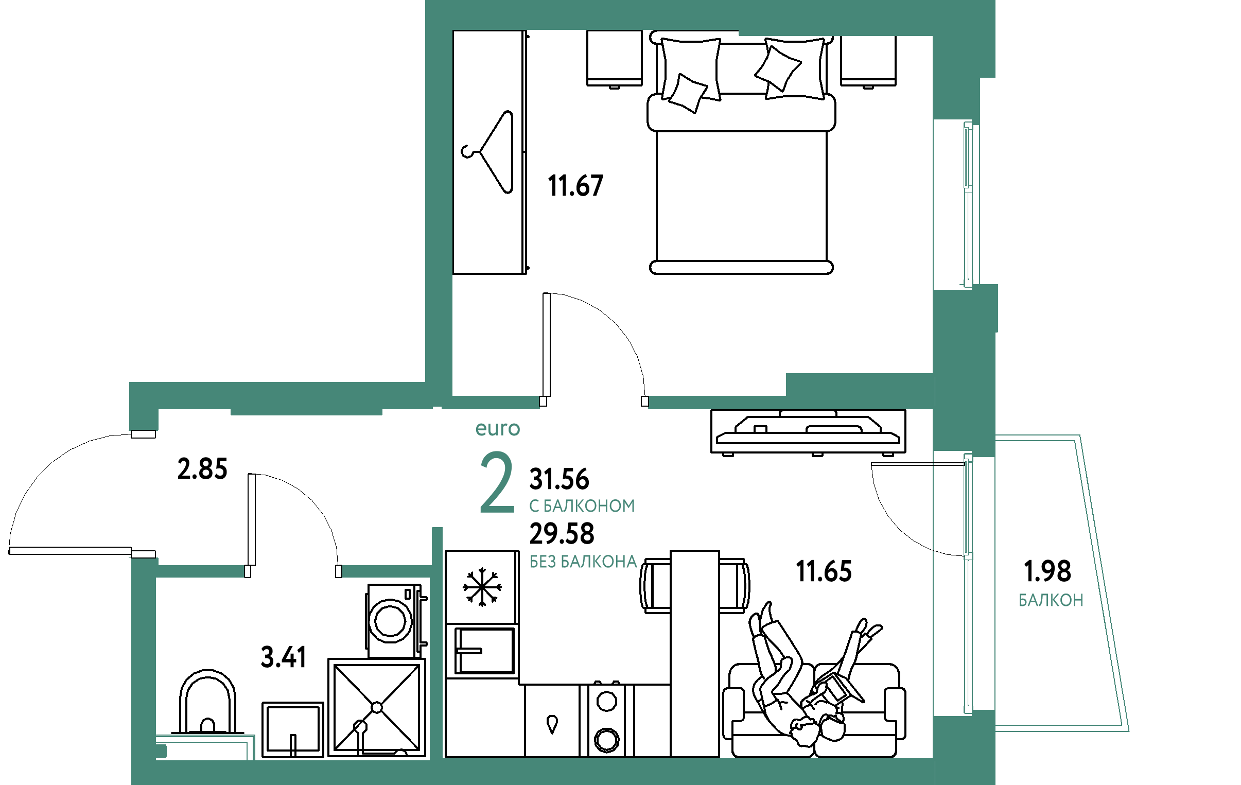 ЖК "Уральский сад"-2-комнатная 31.56 м²